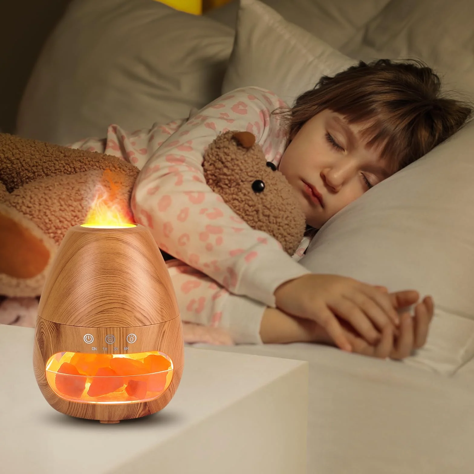 Dyfuzor olejków eterycznych 2 w 1 i kryształowa lampa solna himalajska, nawilżacz płomienia GuKKK 200 ml, dyfuzor do aromaterapii, super cichy nawilżacz powietrza ma 2 jasność