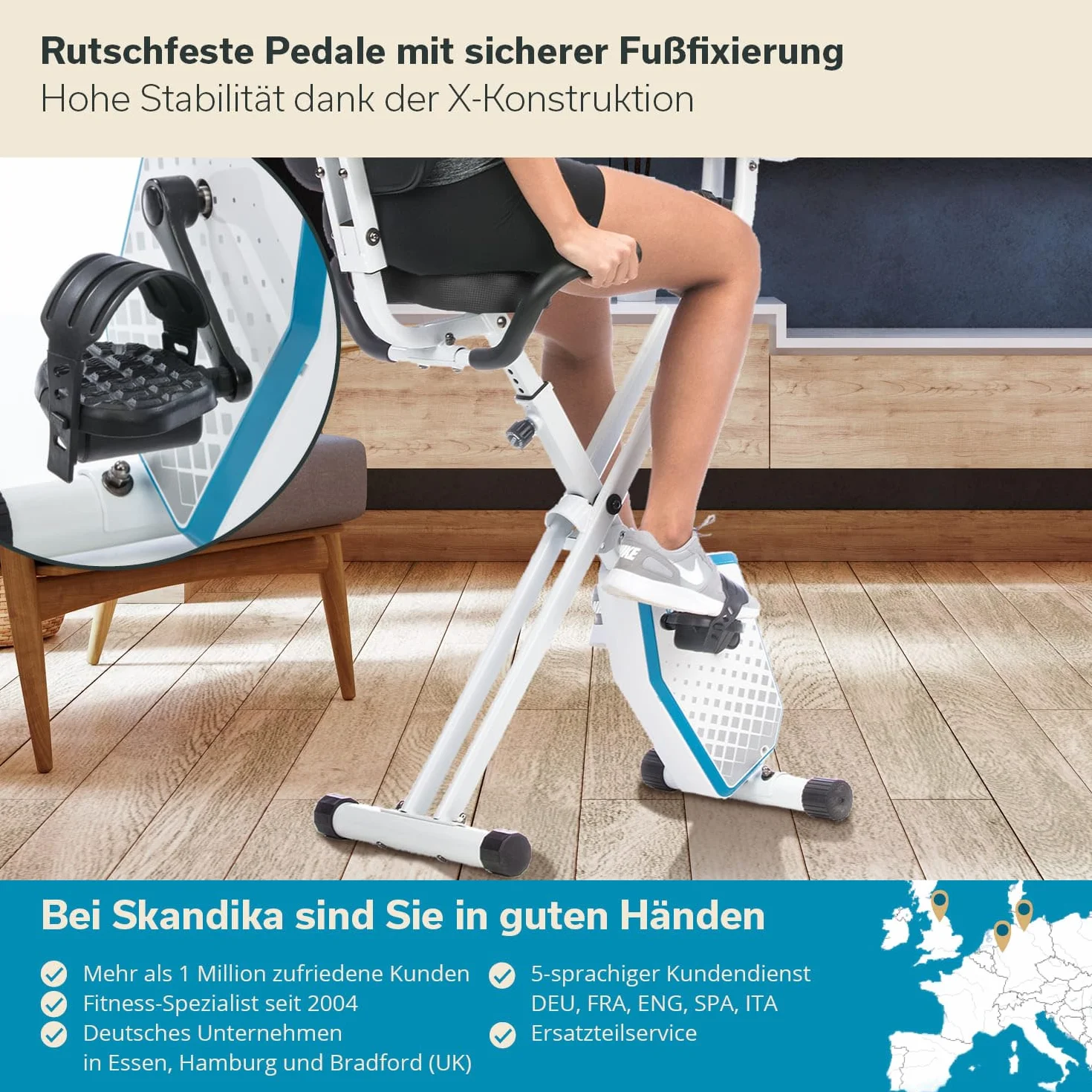skandika Foldaway X-1000 PLUS rower treningowy X-Bike z czujnikami pulsu ręcznego, komputer, uchwyt na tablet, oparcie
