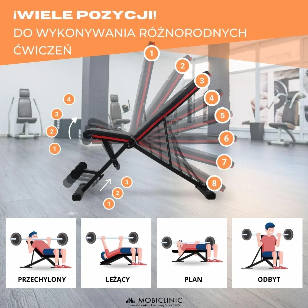Mobiclinic® fitness, Ławka treningowa, Składana, Udźwig 200 kg, Regulowane siedzisko i oparcie, Flexfit, Wielofunkcyjna, Trening całego ciał, Mocna stabilna, Domowa łownia