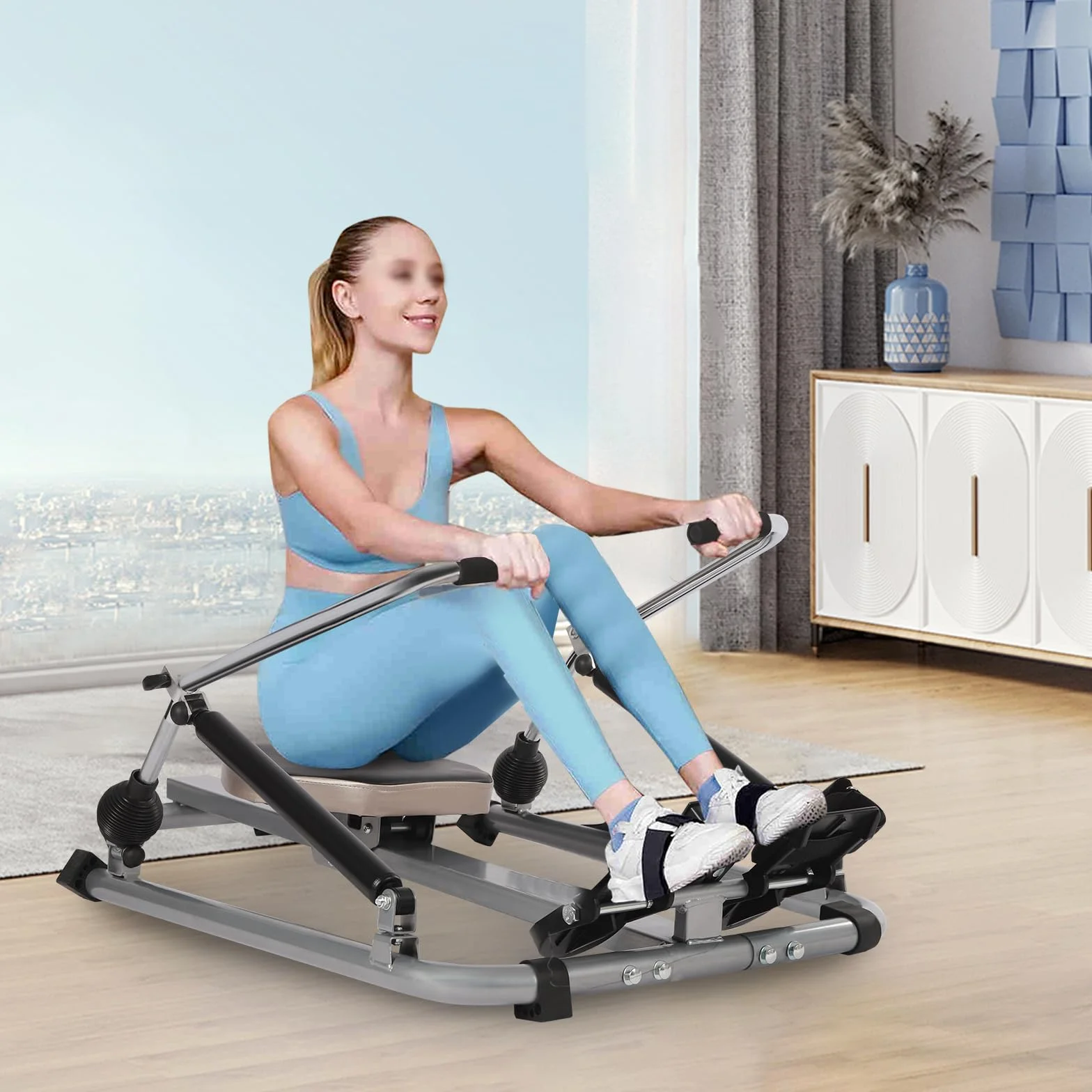 Wioślarz domowy, składany, hydrauliczny, regulowany z miękkim siedzeniem, wyświetlaczem LCD i długą jazdą, do ćwiczeń cardio i fitnessu w domu, wytrzymałość do 55 kg