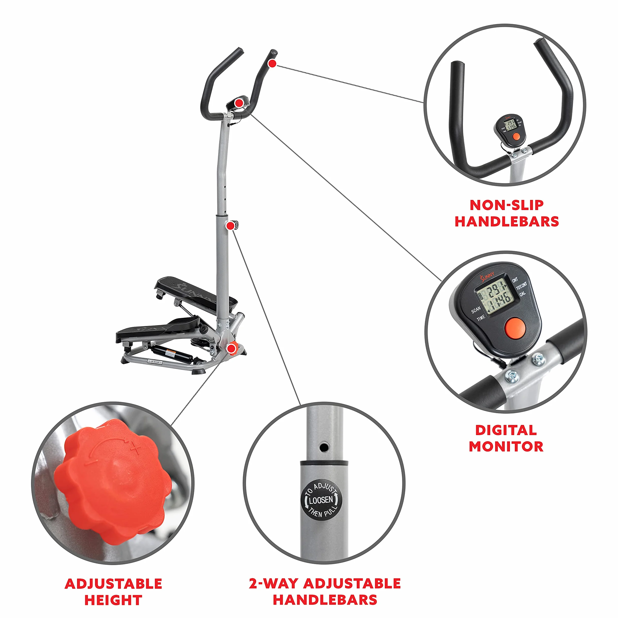 Sunny Health and Fitness Twister Stepper Machine, Stepper z regulacją wysokości, Ćwiczenia na schodach z uchwytami i monitorem LCD, Sprzęt do ćwiczeń w domowej siłowni - SF-S020027