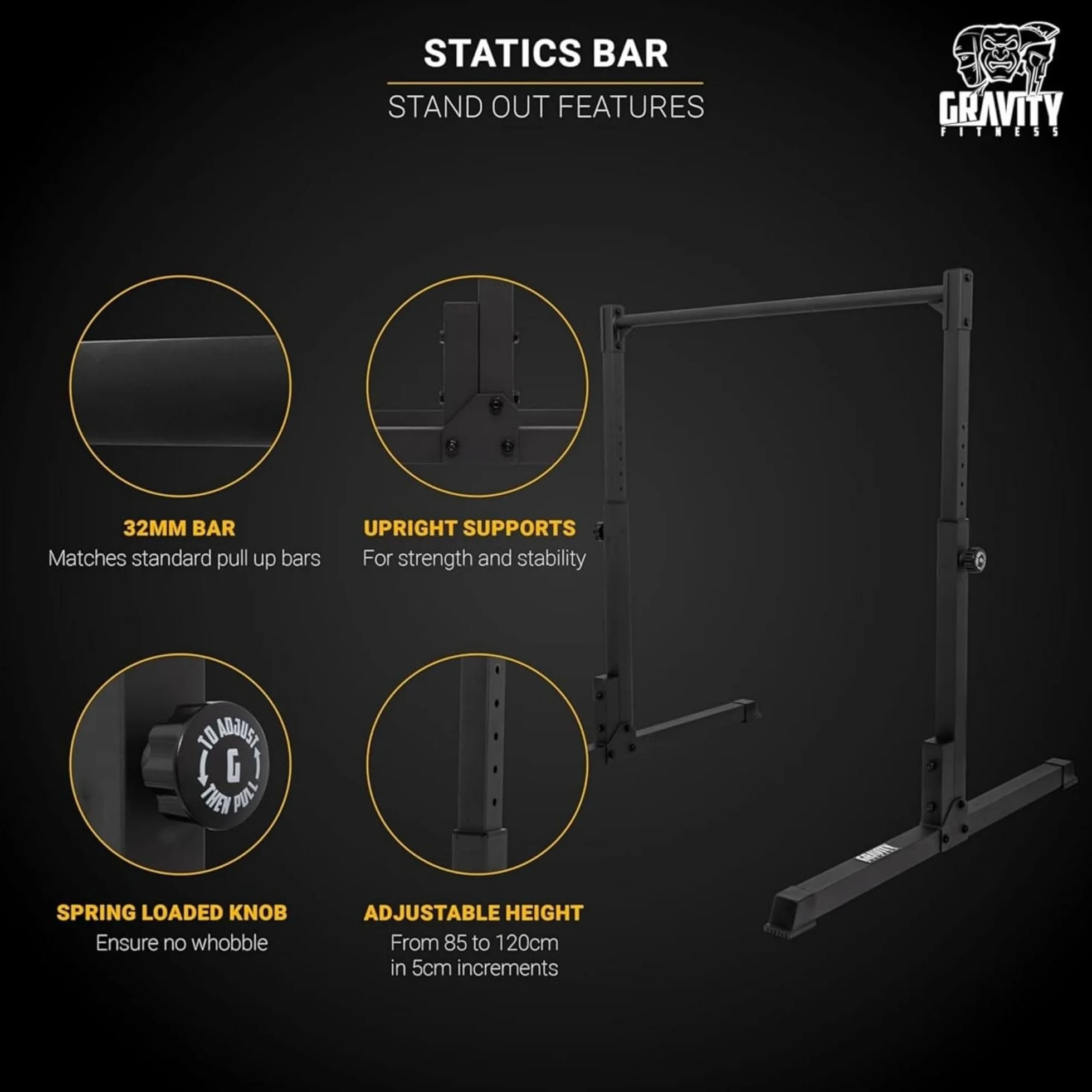 Gravity Fitness Calisthenics Statyczny drążek do treningu siłowego w domu, na siłownię, regulowana wysokość, przedni drążek dźwigni z antypoślizgowymi nóżkami, powlekany proszkowo uchwyt do treningu