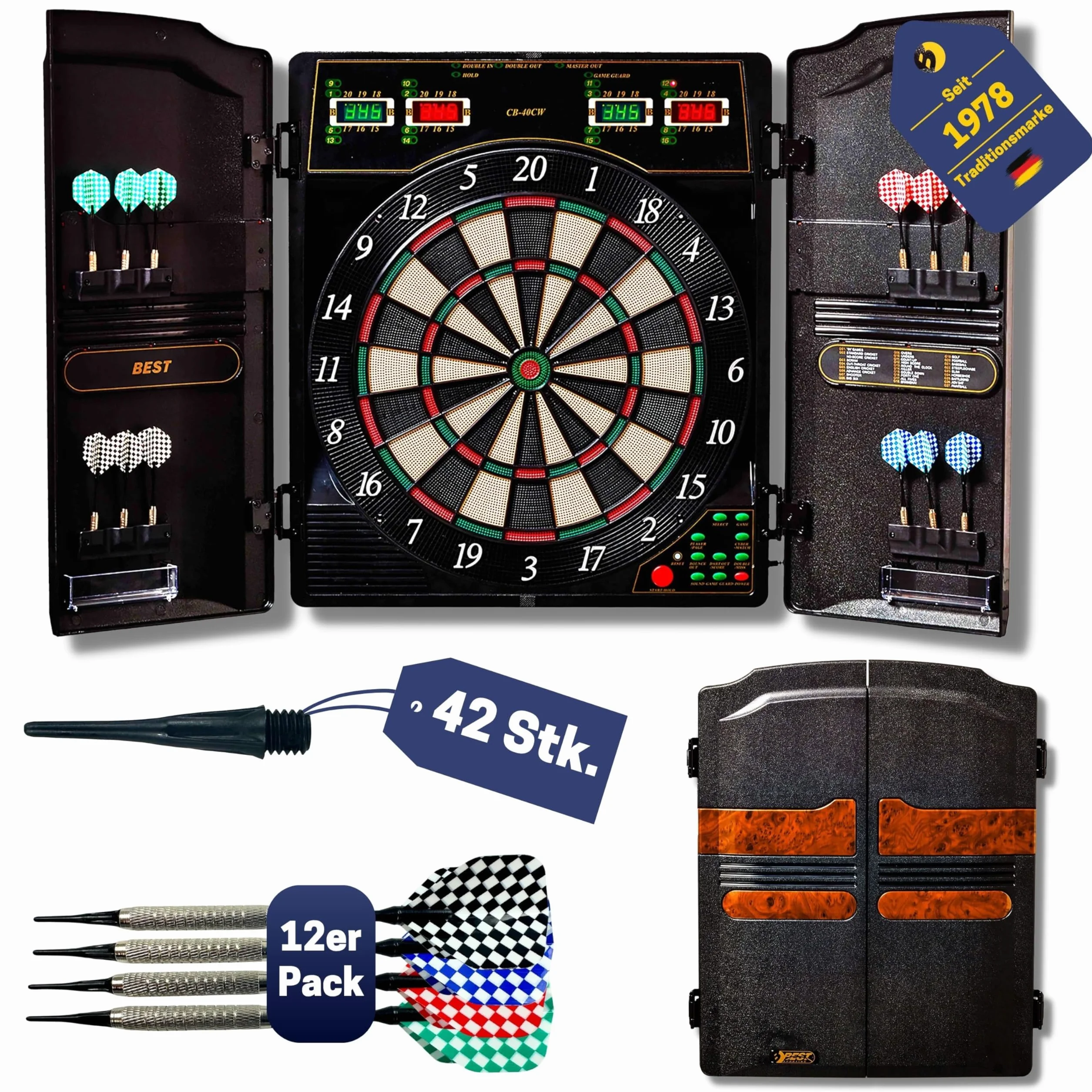 Best Sporting Evolution Elektroniczna Tarcza do Darta Oxford 1.0, Automat do Darta z 12 Lotkami, Zapasowe Groty i Zasilacz, 1-16 Graczy