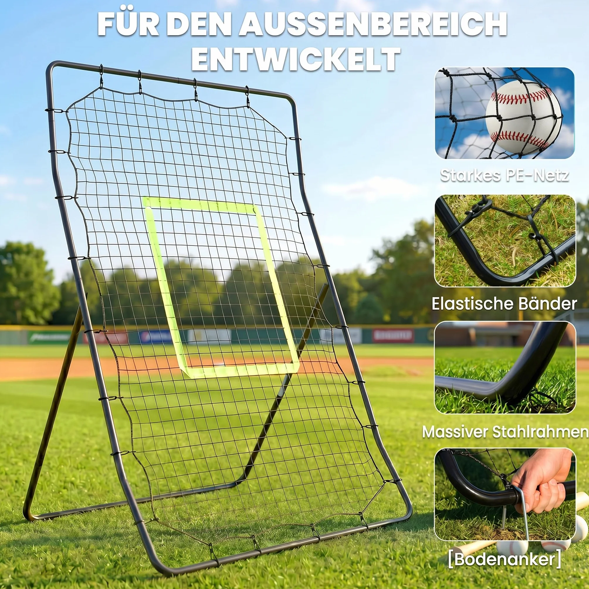 HOMCOM Baseball Rebounder, Tragebar Softball Pitchback-Netz, Rückprallnetz mit Ziel Zone, verstellbarem Winkel Pitching Netz für Basebälle Softbälle, Metall, Schwarz