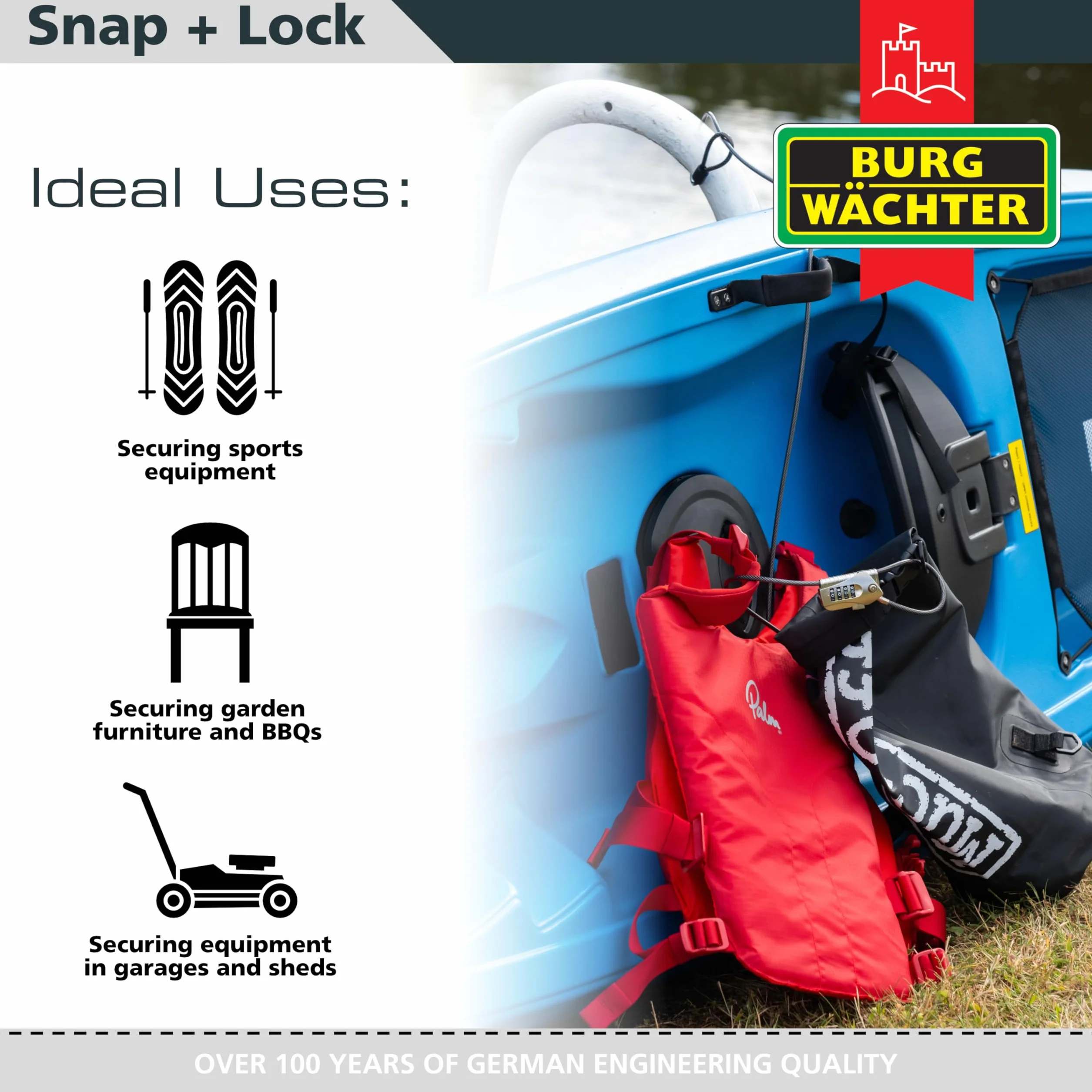 Burg-Wächter zapięcie kablowe z zamkiem szyfrowym, Snap+Lock, 2 metry, czarne