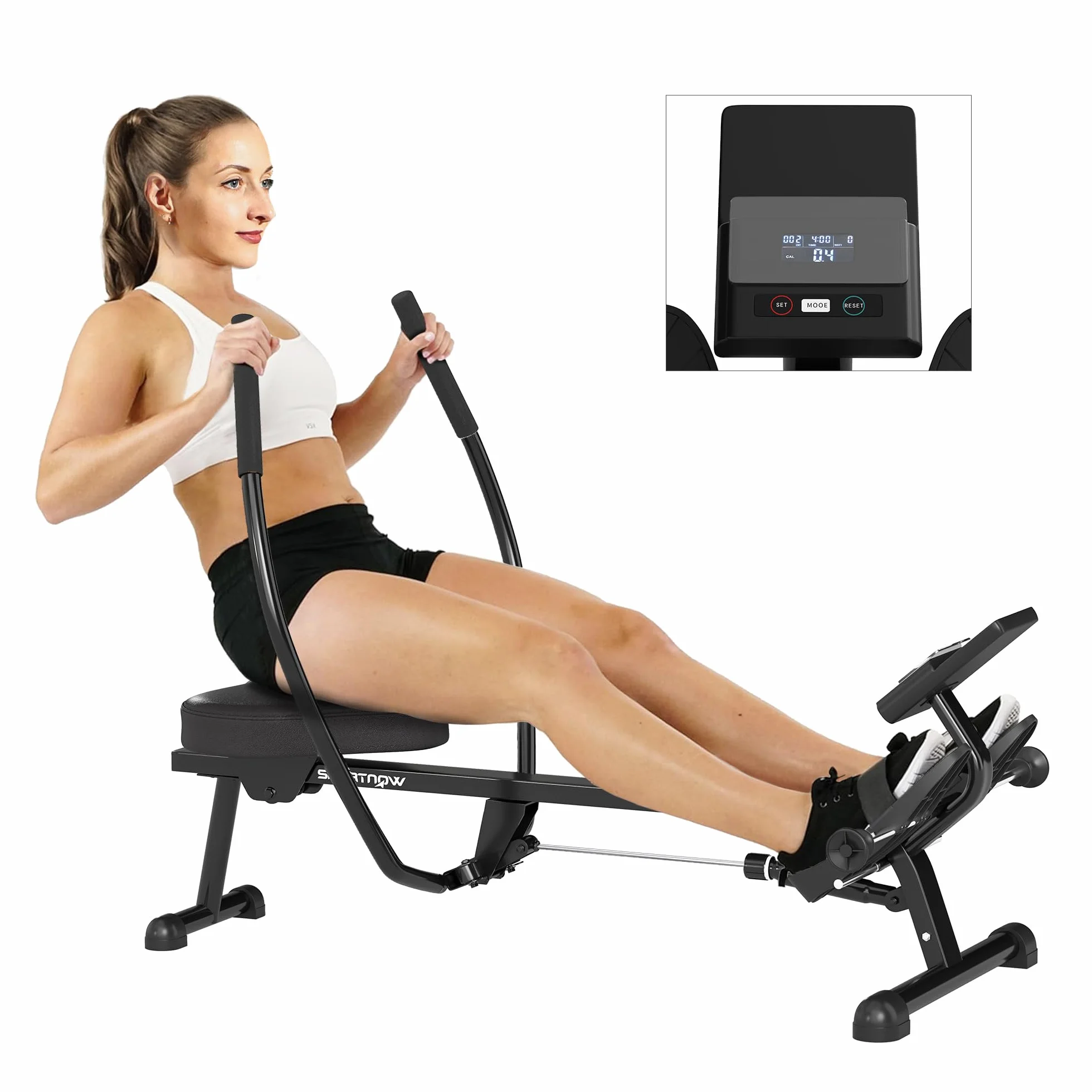 SPORTNOW Wioślarz hydrauliczny z 12 poziomami oporu Wioślarz z ekranem LCD i antypoślizgowym pedałem, maksymalne obciążenie 130 kg, trening cardio w domu, czarny
