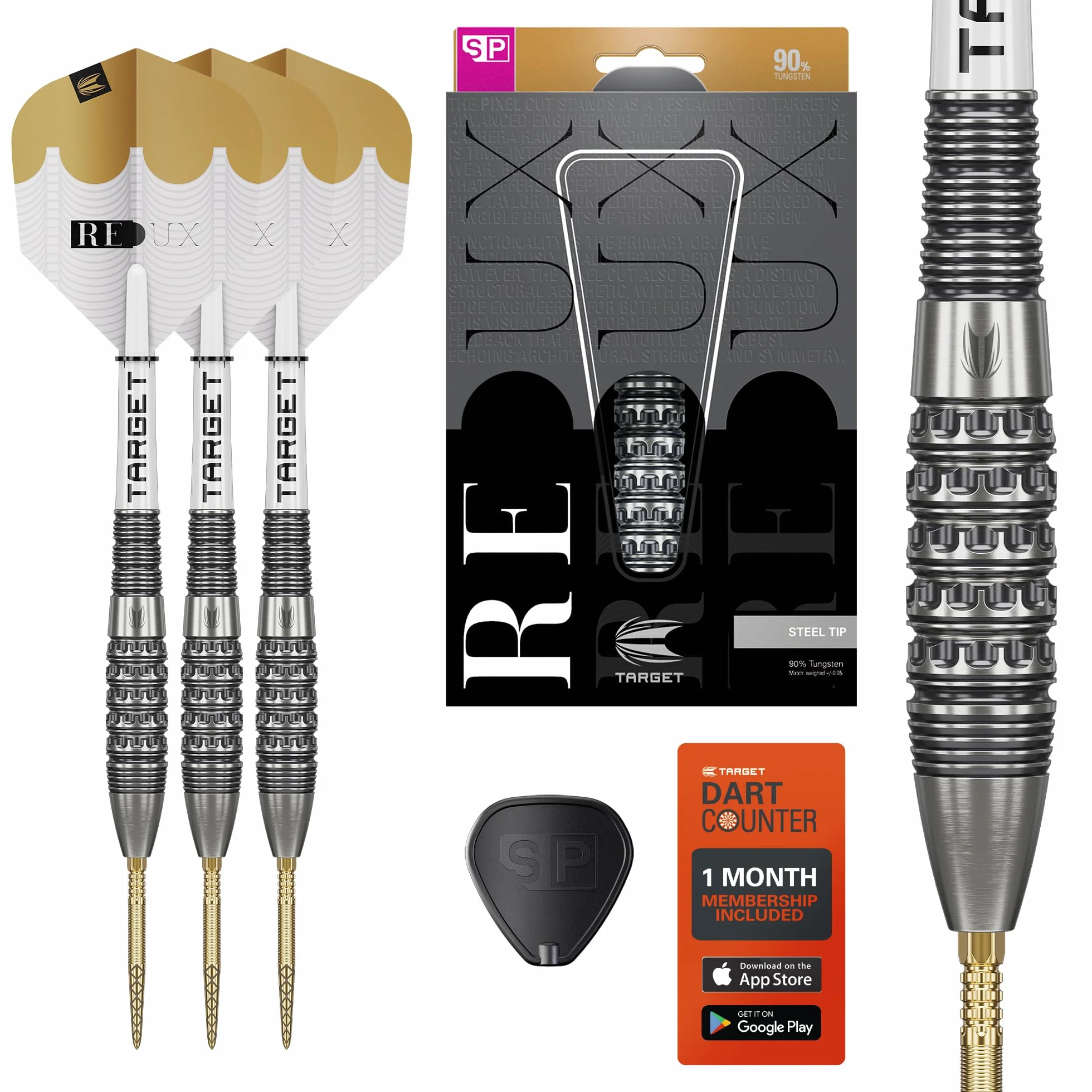 Target Darts Redux 90% Tungsten Swiss Point Steel Tip Dart Set (Barrel 01/02/03), 22G/23G/24G/25G/26G | Pro Ultra No.6 Flights & Pro Grip Tag Shafts, DX Points Gold & SP Tool w zestawie