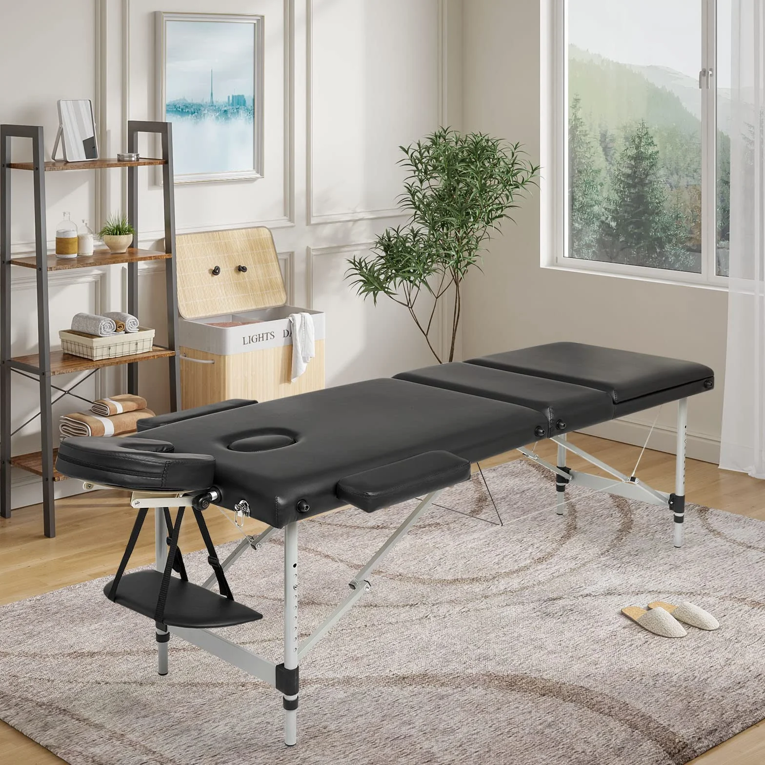 Meerveil Stół do masażu, przenośne składane łóżko terapeutyczne, lekkie, 3/2 strefy z regulacją wysokości, z torbą do przenoszenia, aluminiowe nóżki (czarny)