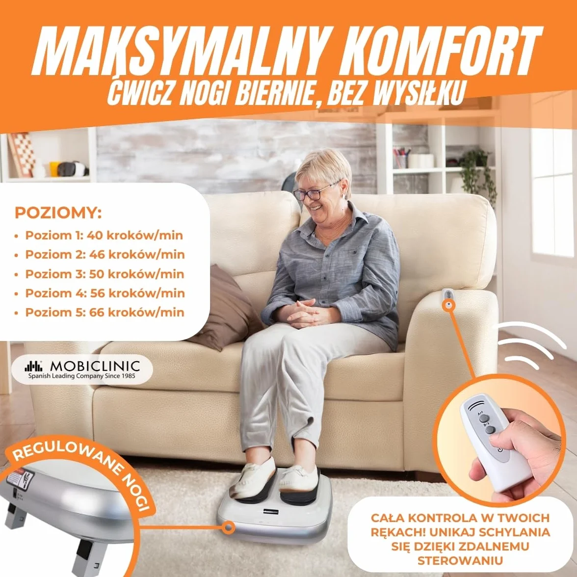 Mobiclinic, Trener nóg, Elektryczne, Legfit, Marka europejska, Gimnastyka pasywna, Ćwiczenie na siedząco, Dla seniorów, Nastolatków, Z pilotem, Regulowana prędkość