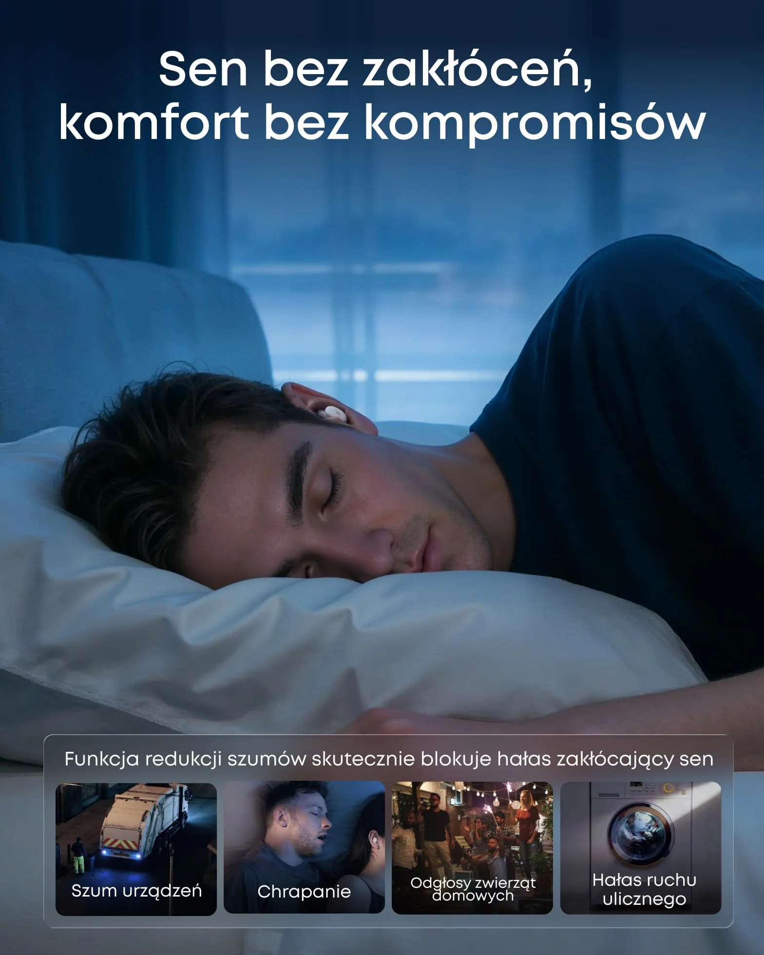 Słuchawki do spania soundcore Sleep A30 (wersja specjalna) Anker, pasywna i aktywna redukcja hałasu, maskowanie chrapania, dźwięki do zasypiania, komfort dla śpiących na boku, 10 godzin odtwarzania