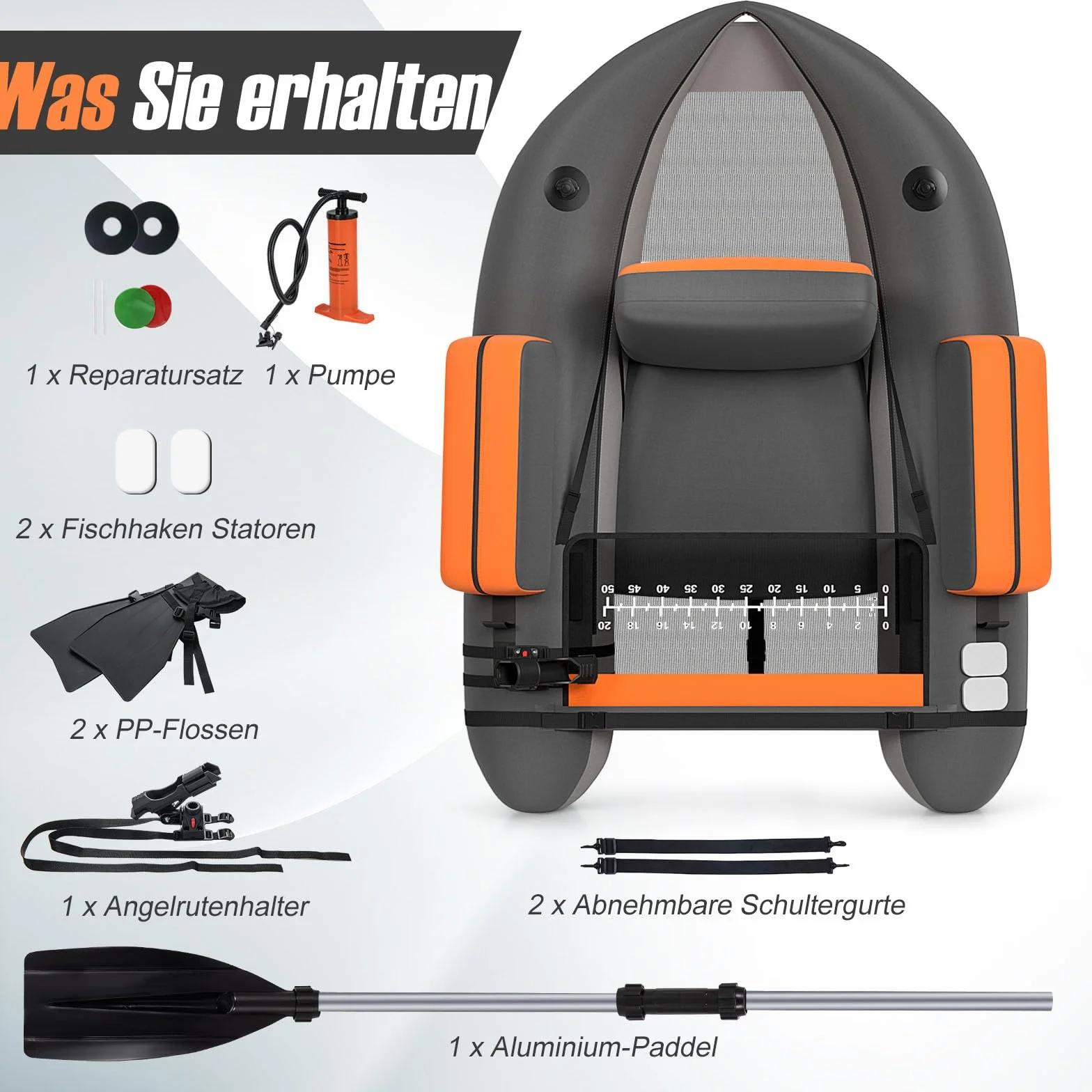 GOPLUS Bellyboot, Belly Boat do 150 kg, nadmuchiwany ponton do wędkowania, z aluminiowym wiosłem, pompką, płetwami, linijką do ryb, uchwytem na wędkę i 2 szelkami, 135 x 109 x 54 cm (ciemnoszary)