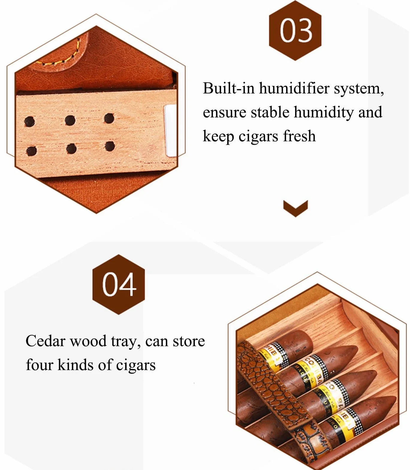 Cigar Humidor Box For 4 Cigars Cedar Wood Lined Leather Cigar Case Portable Travel Cigar Holder With Humidifier(Brown)