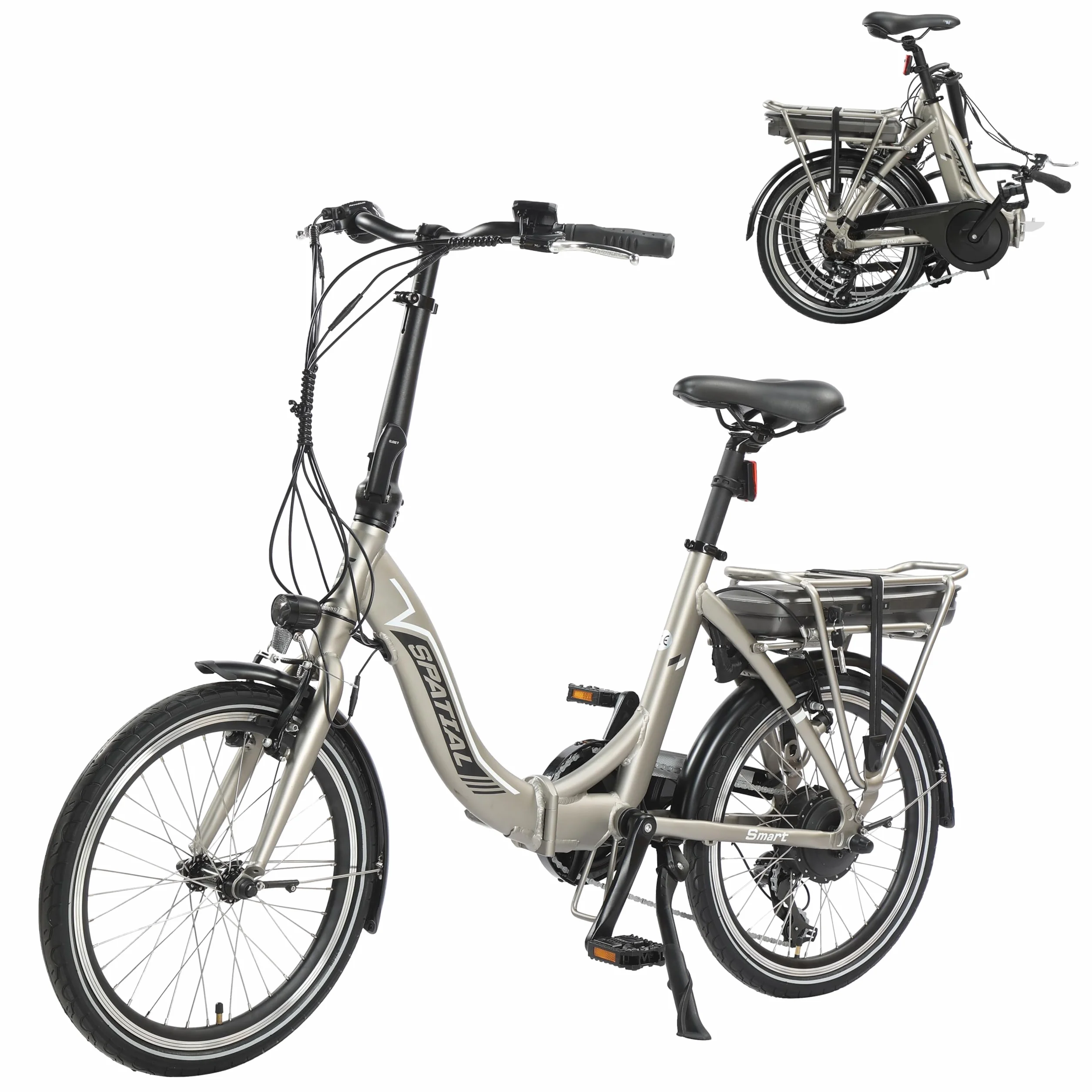 SPATIAL E Bike składany rower elektryczny 20 cali 40 NM 250 W 36 V 374,4 Wh 7-biegowa przerzutka LCD