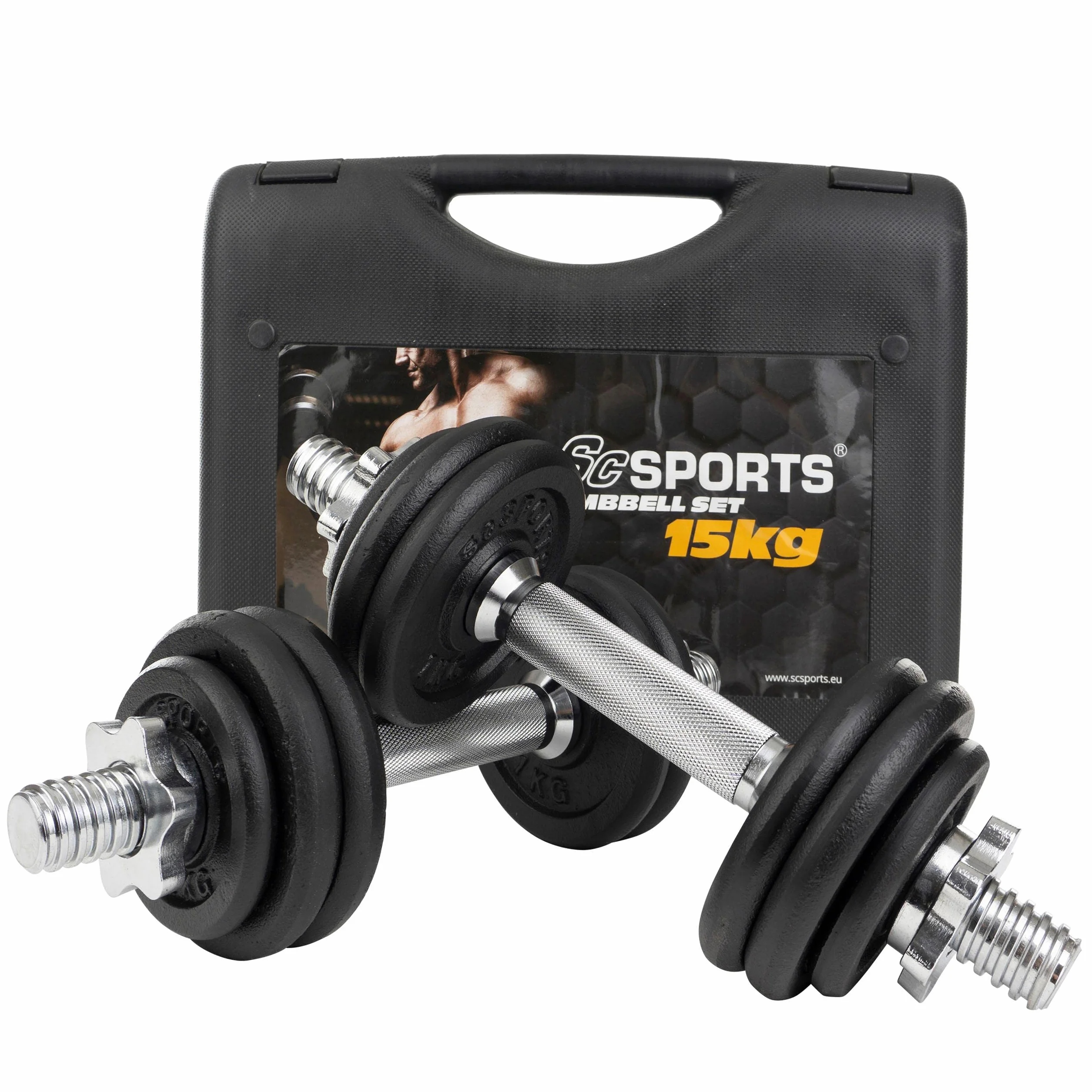 ScSPORTS® Zestaw krótkich hantli 10/15/20 kg, w zestawie talerze do sztangi, Ø 30/31 mm, żeliwo, zapięcia gwiazdowe, z walizką, z tworzywa sztucznego, czarny/srebrny – zestaw krótkich hantli, hantle