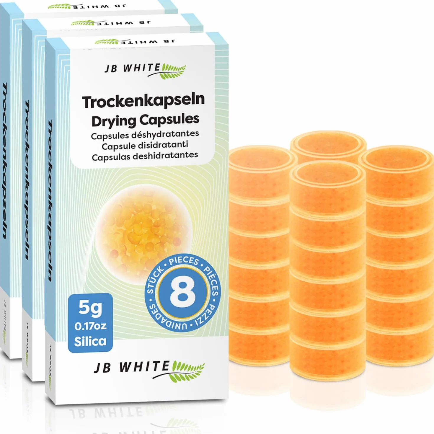 JB White 24 kapsułek osuszających do aparatów słuchowych, uniwersalne kapsułki osuszające z żelem krzemionkowym z kolorowym wskaźnikiem (20% więcej zawartości, 5 g, pakowane pojedynczo)