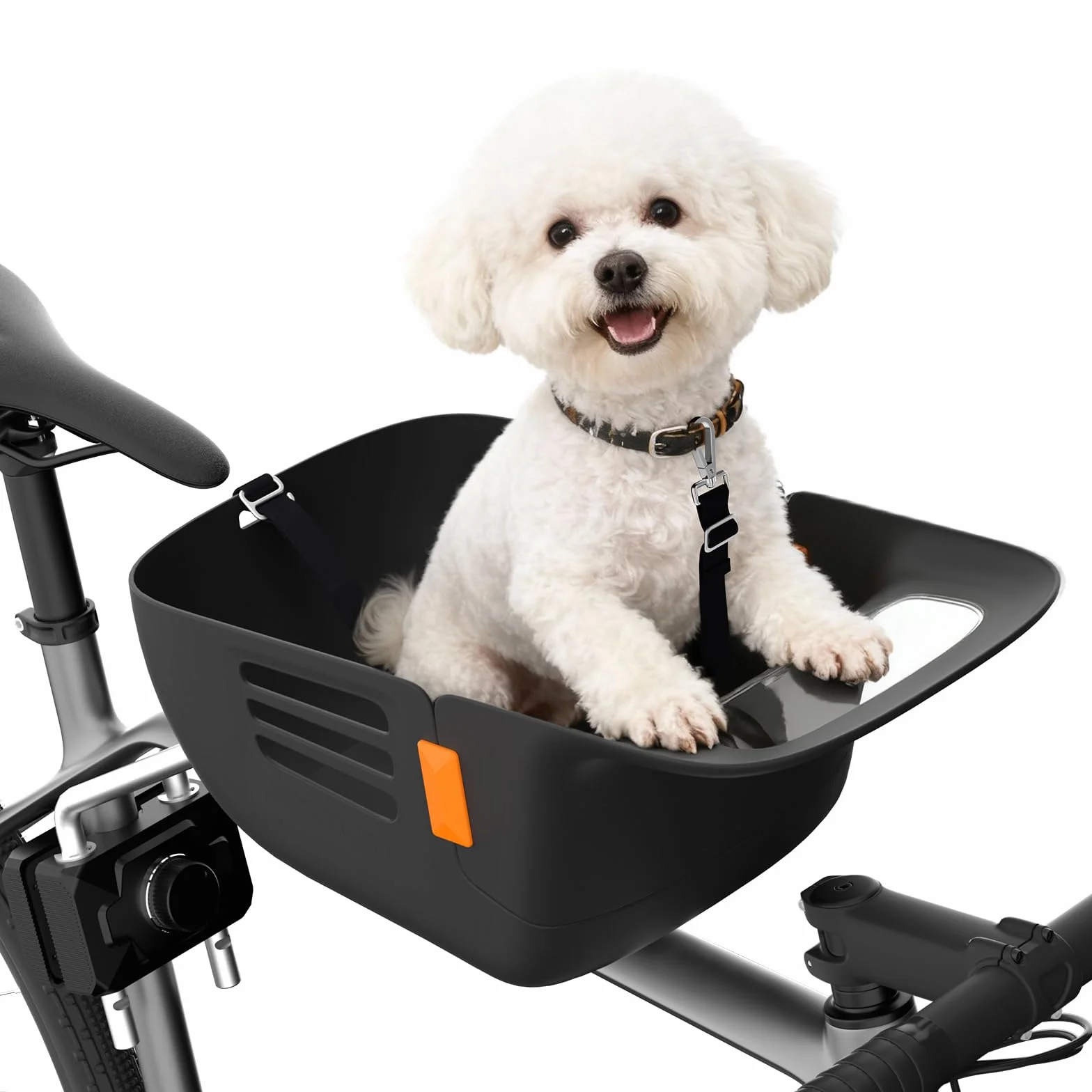 Kosz rowerowy dla psa z przodu do 12 kg, kosz rowerowy dla psów z wytrzymałą, bezpieczną płytą podłogową, wodoodporną, odporną na zarysowania nylonową poduszką do siedzenia i powlekanym