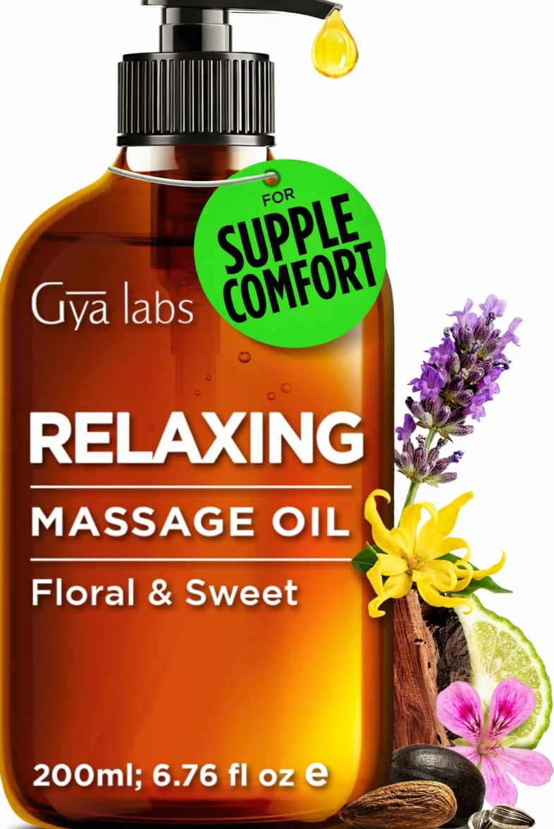 Gya Labs Relaksujący zmysłowy olejek do masażu dla par - Ylang Ylang, Rose Geranium i Organic Argan Infuzed Body Oil for Skin - 100 czystych i naturalnych olejków do masażu - (200ml)