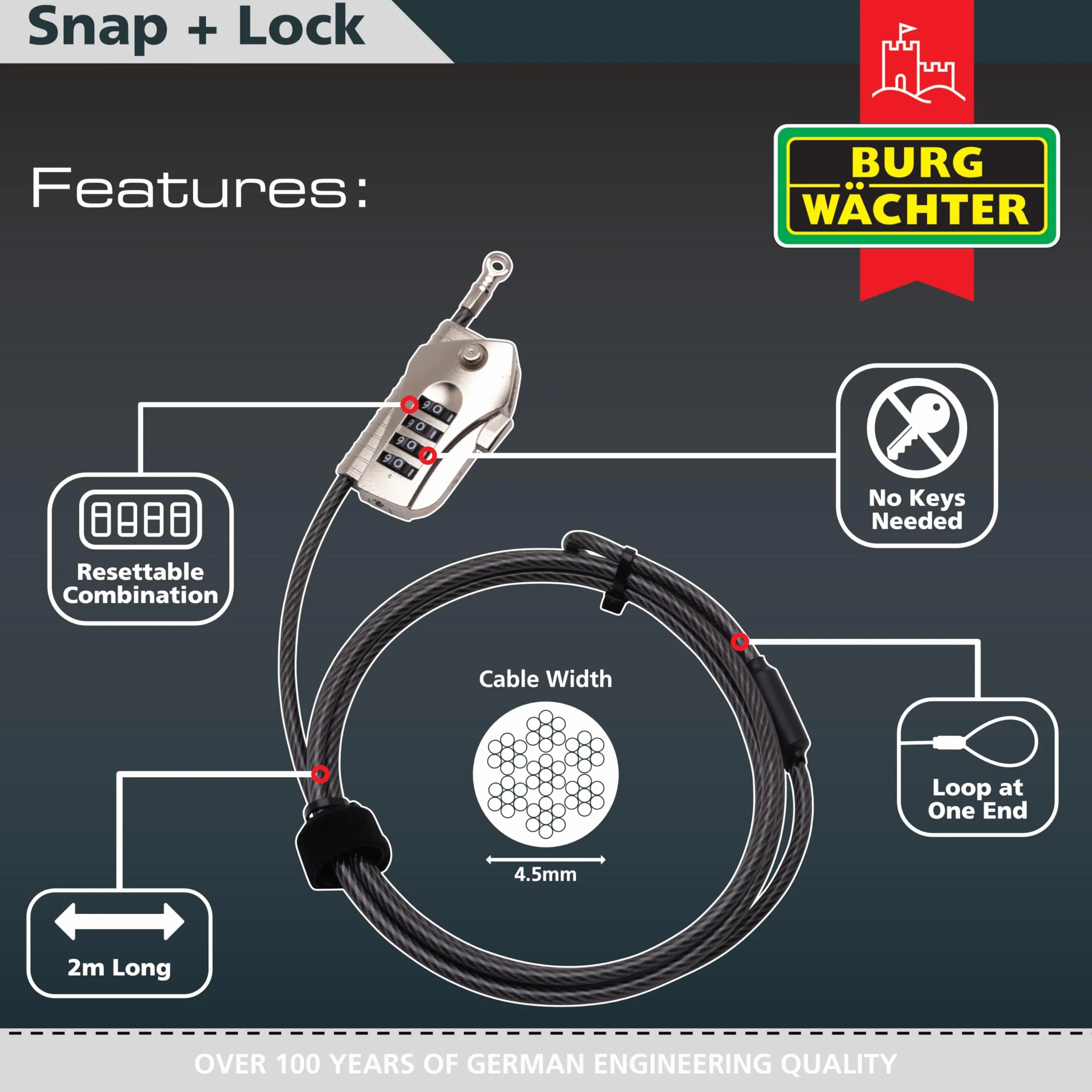 Burg-Wächter zapięcie kablowe z zamkiem szyfrowym, Snap+Lock, 2 metry, czarne