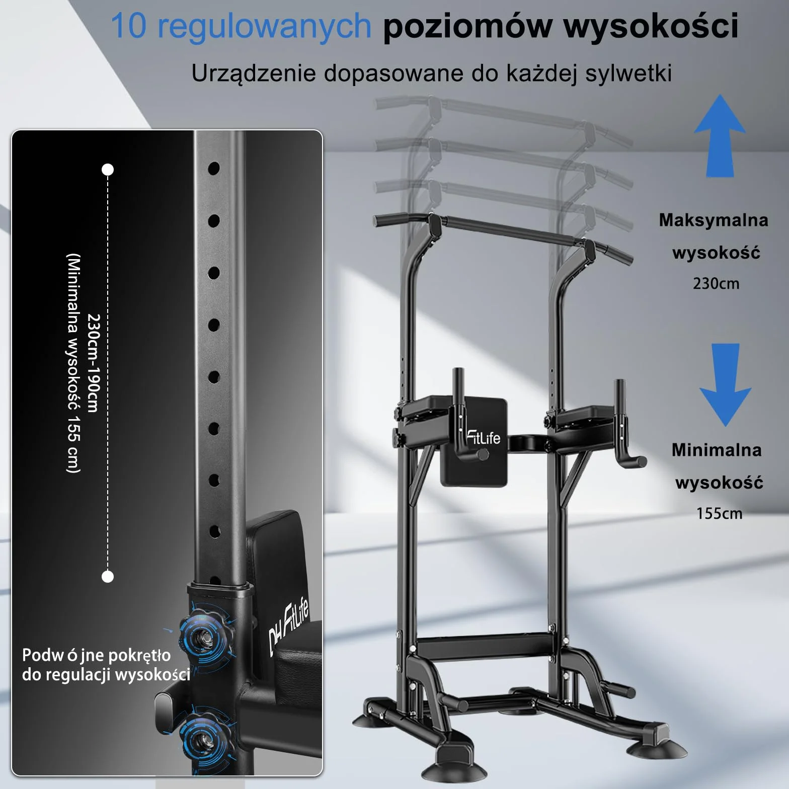 DH FitLife Power Tower Dip Station Sprzęt sportowy z drążkiem do podciągania, drążkami dip i plecami, stacją treningową, stacją fitness, rzymskim krzesłem kulturystycznym, Power Rack dla domu