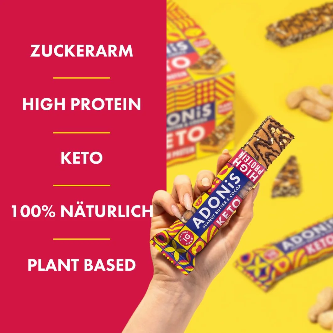 Adonis Keto Protein Bars | Peanut Butter & Chocolate Snack Bars | 100% Natural Nut Snacks, Low Carb, High in Protein, Vegan, Gluten Free, Low Sugar, Paleo (Box mit 16)