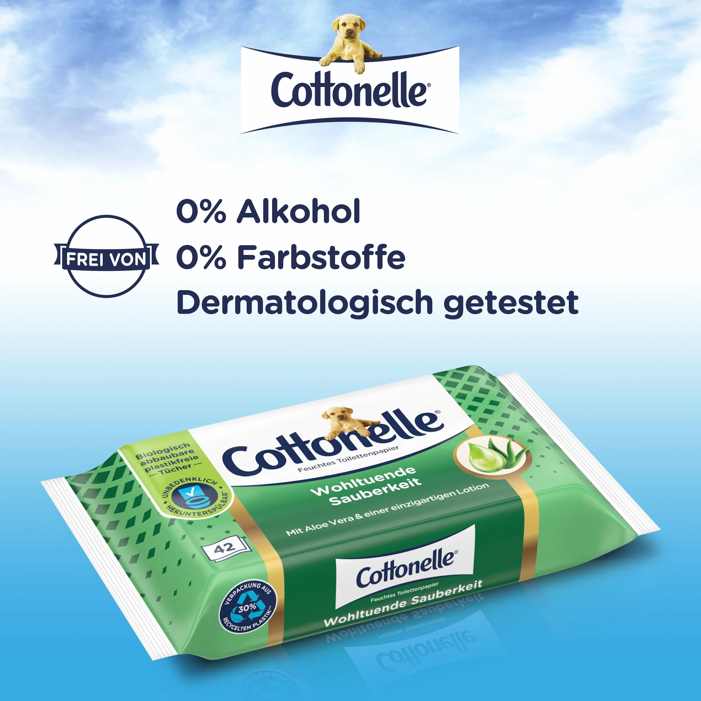 Cottonelle Wilgotny papier toaletowy, kojąca czystość, z balsamem prebiotycznym, biodegradowalny, nie zawiera plastiku, możliwość ponownego zamknięcia, 12 x 42 chusteczki nawilżane