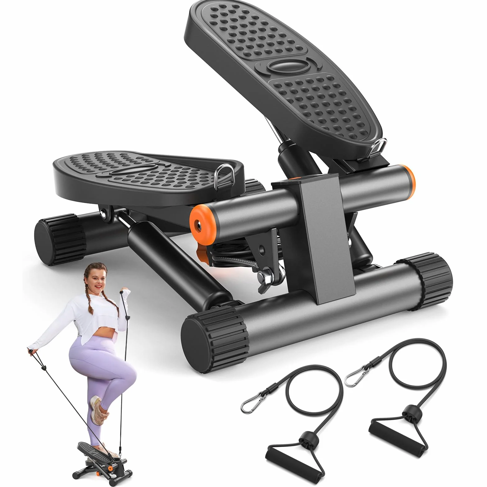 Niceday Steppery do ćwiczeń, stepper schodowy z taśmami oporowymi, mini stepper o udźwigu 136 kg, hydrauliczny stepper fitness z monitorem LCD