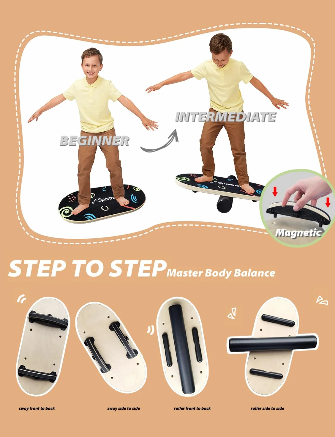 Sportneer Balance Board Wobble Board z regulowanymi stoperami i kółkami trener równowagi dla dzieci