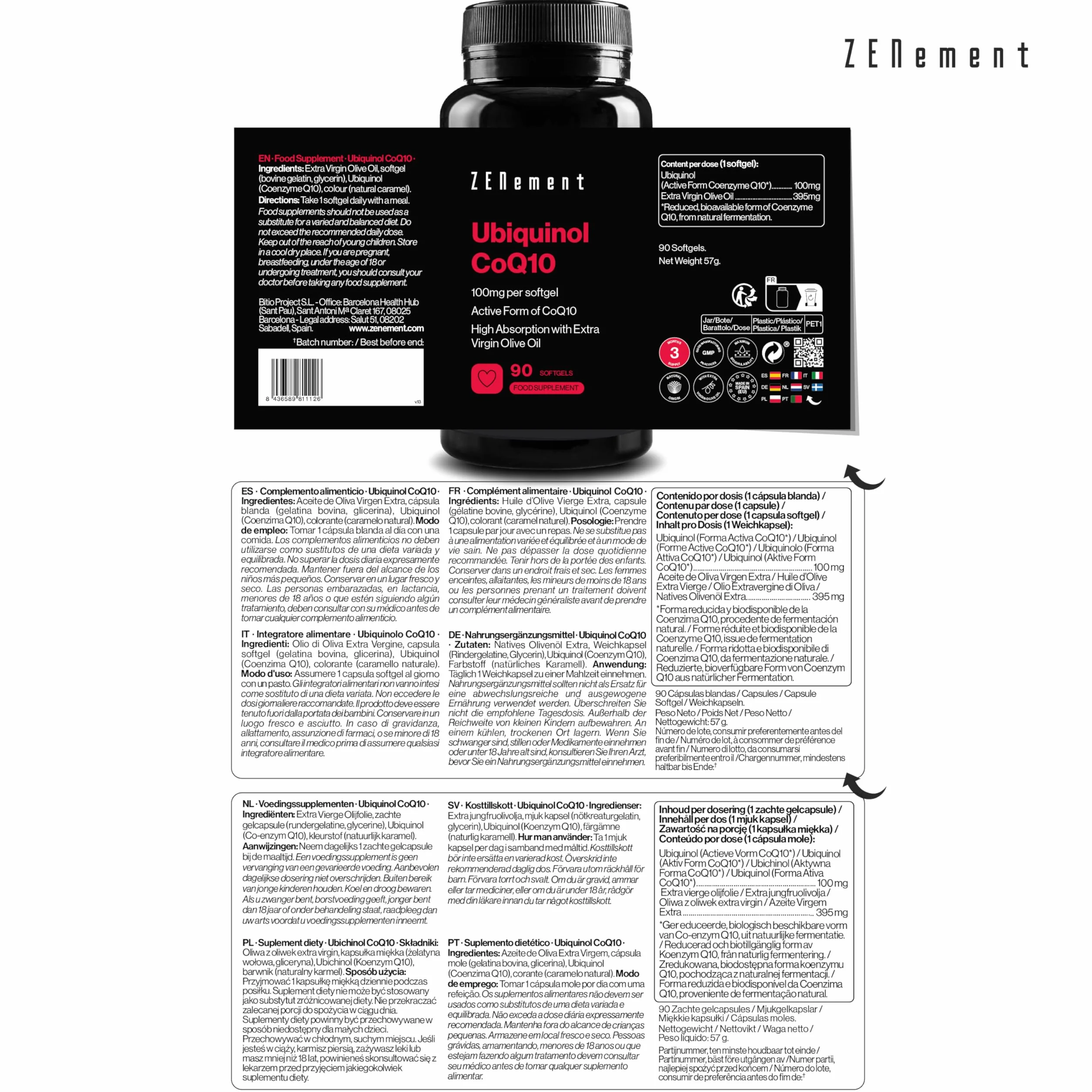 Ubichinol 100mg – Aktywna i Zredukowana Forma CoQ10 – Wysoka Absorpcja z Oliwą z Oliwek Extra Virgin – 90 Kapsułek Miękkich, Zapas na 3 Miesiące – Zenement