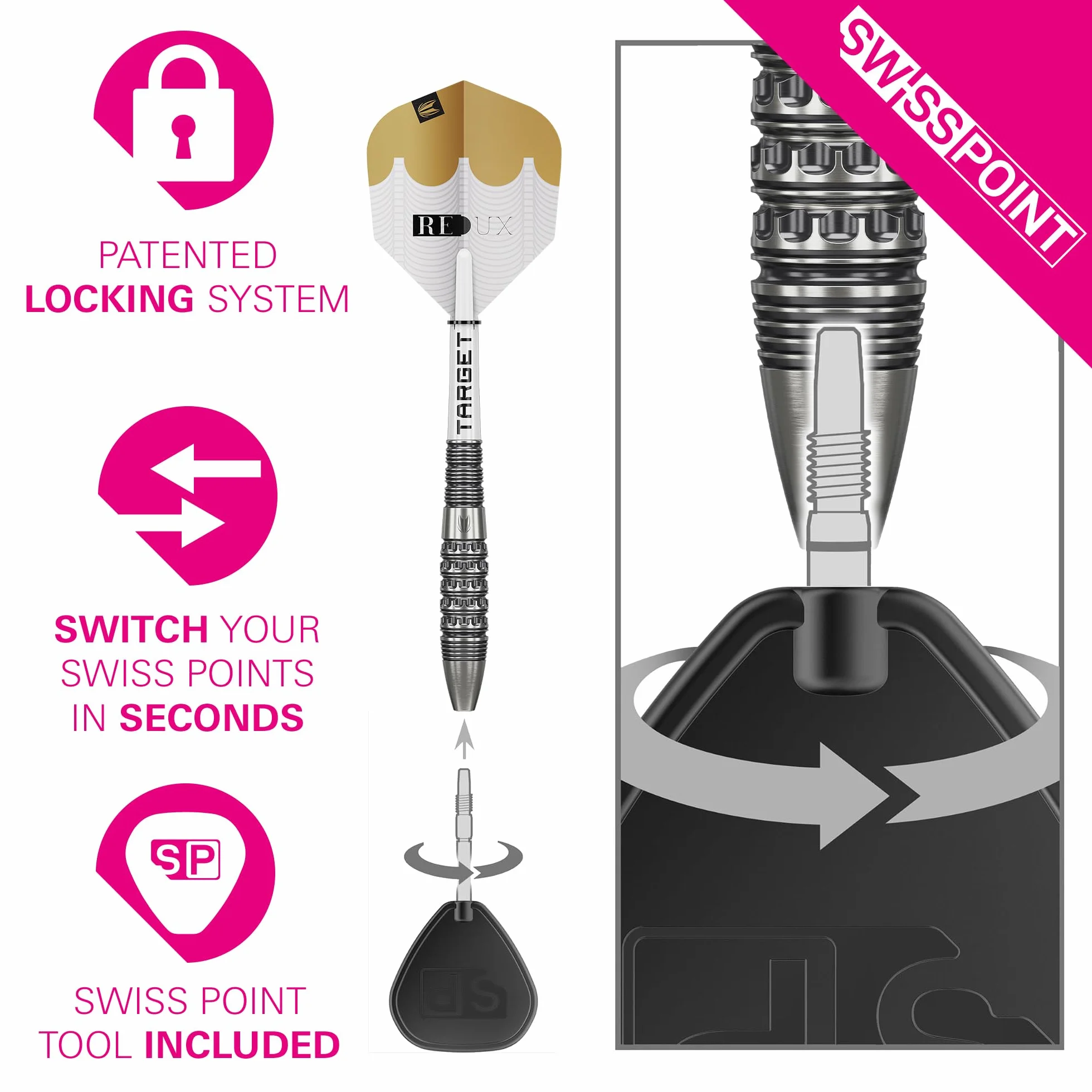 Target Darts Redux 90% Tungsten Swiss Point Steel Tip Dart Set (Barrel 01/02/03), 22G/23G/24G/25G/26G | Pro Ultra No.6 Flights & Pro Grip Tag Shafts, DX Points Gold & SP Tool w zestawie