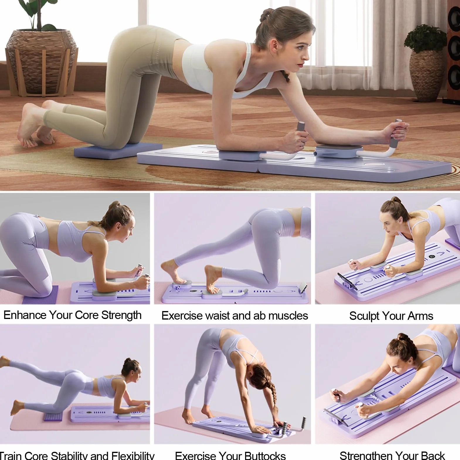 Pilates Reformer Machine Board Set Ab Roller Koło do ćwiczeń Automatyczne odbijanie składana deska do pilatesu Sprzęt do ćwiczeń brzucha z liną oporową i timerem(Różowy bez Uchwytu)