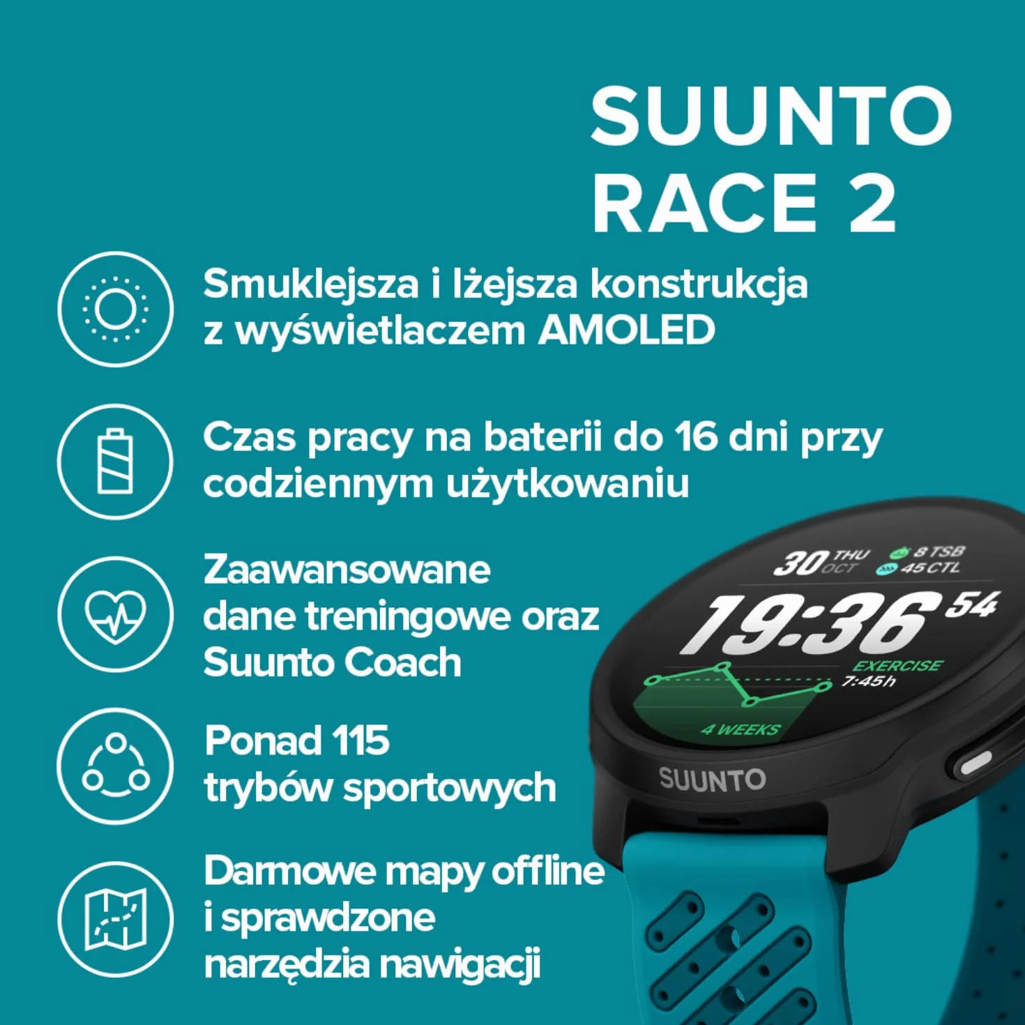 SUUNTO Race 2 Męski i Damski Zegarek Sportowy, GPS do Biegania, Śledzenie Aktywności, Dwupasmowy GNSS z Mapą Offline, Ekran Dotykowy AMOLED, Smartwatch z Monitorowaniem Tętna i Krokami