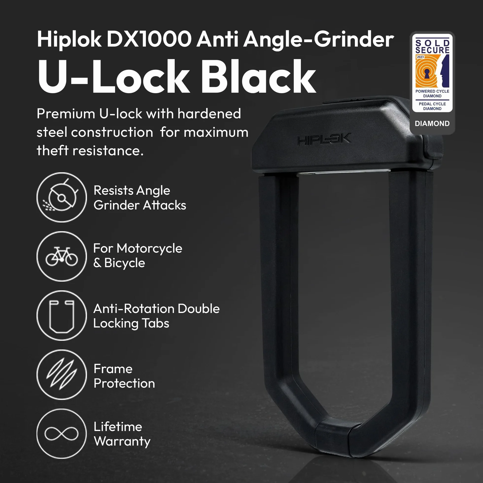 Hiplok D1000, U-lock, Unisex, ALL BLACK, Wymiary wewnętrzne zapięcia: 15,5 cm x 9,2 cm