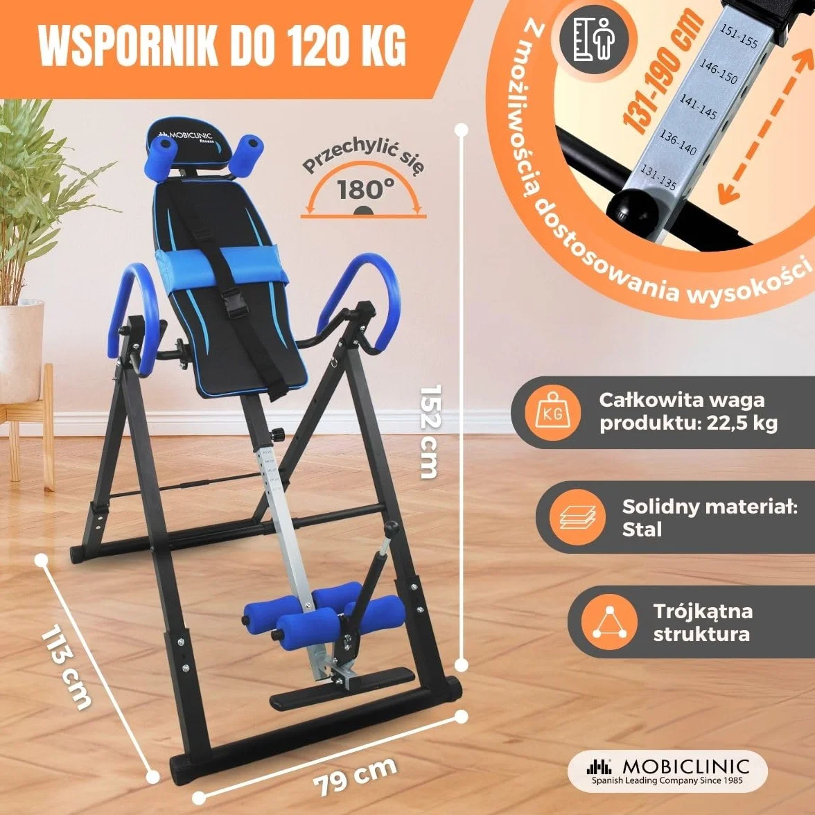 Mobiclinic Lawka inwersyjna składana 180° 120 kg stal