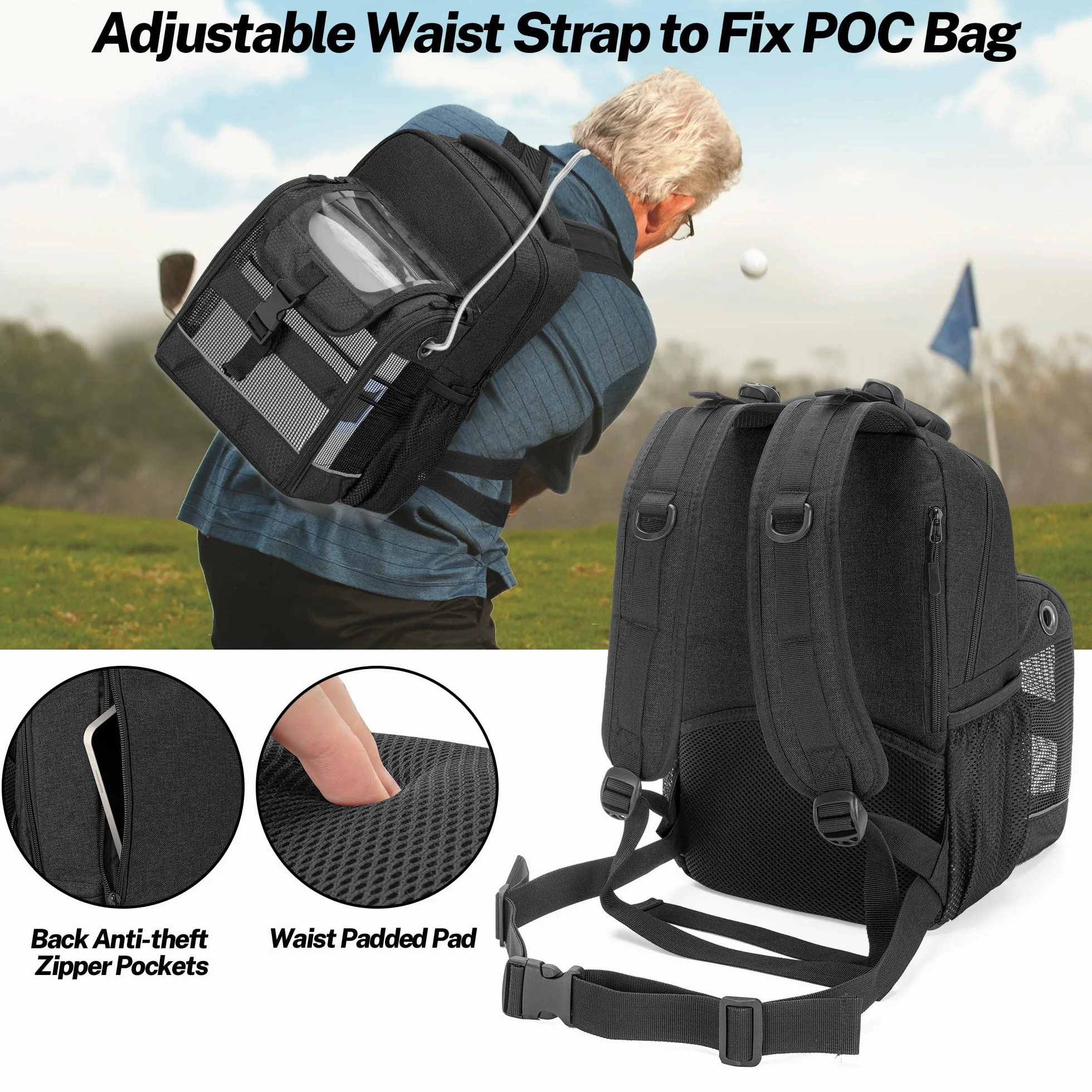 Trunab Plecak z przenośnym koncentratorem tlenu, torba transportowa POC z przezroczystą osłoną, wiele kieszeni kompatybilnych z Inogen One, Caire Freestyle Comfort, Oxygo, jak również SimplyGo Mini, opatentowana konstrukcja, Czarny