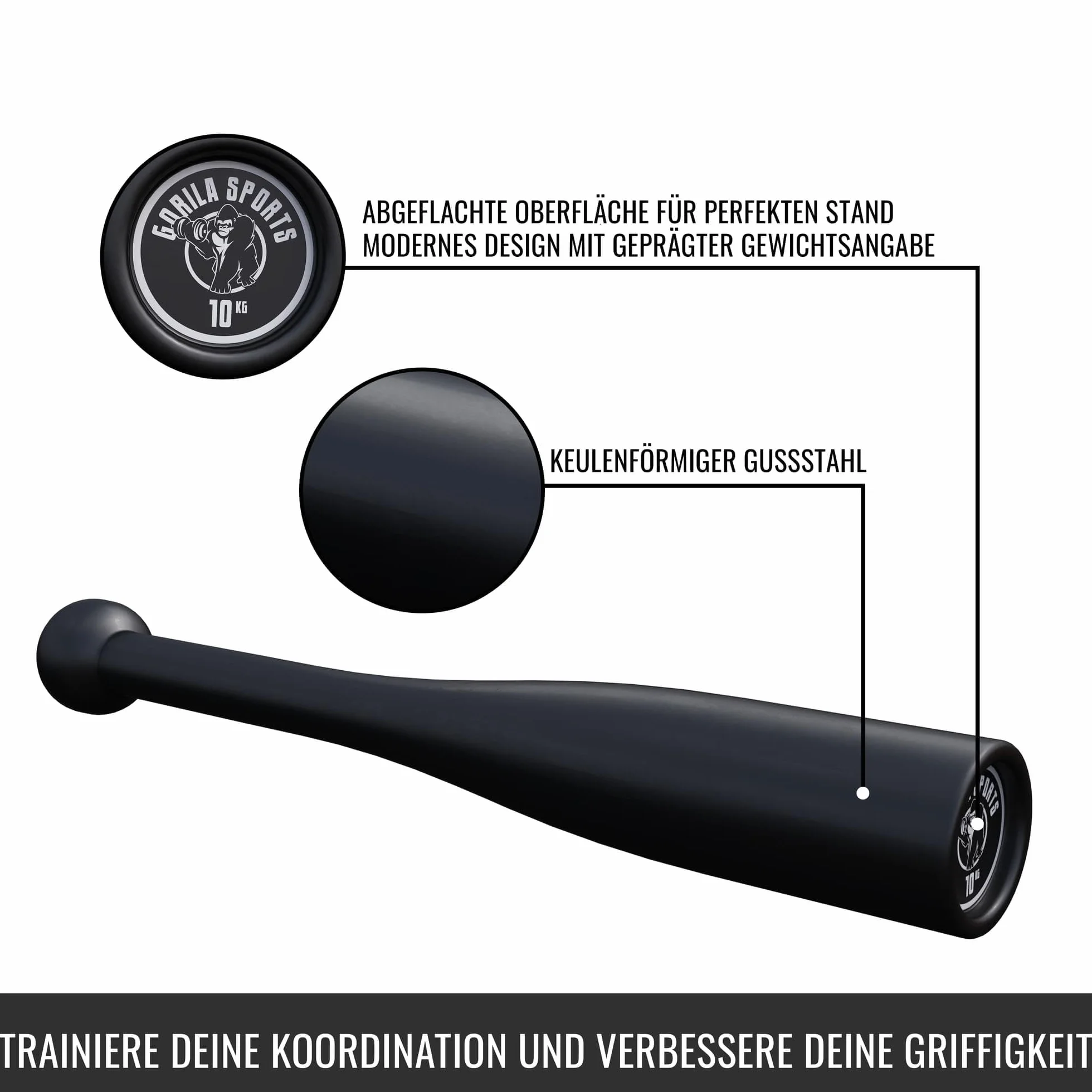 GORILLA SPORTS® Indian Clubbell stalowy 2 – 20 kg – dźwignia zamachowa pojedyncza / zestaw czarny w 8 wariantach wagowych