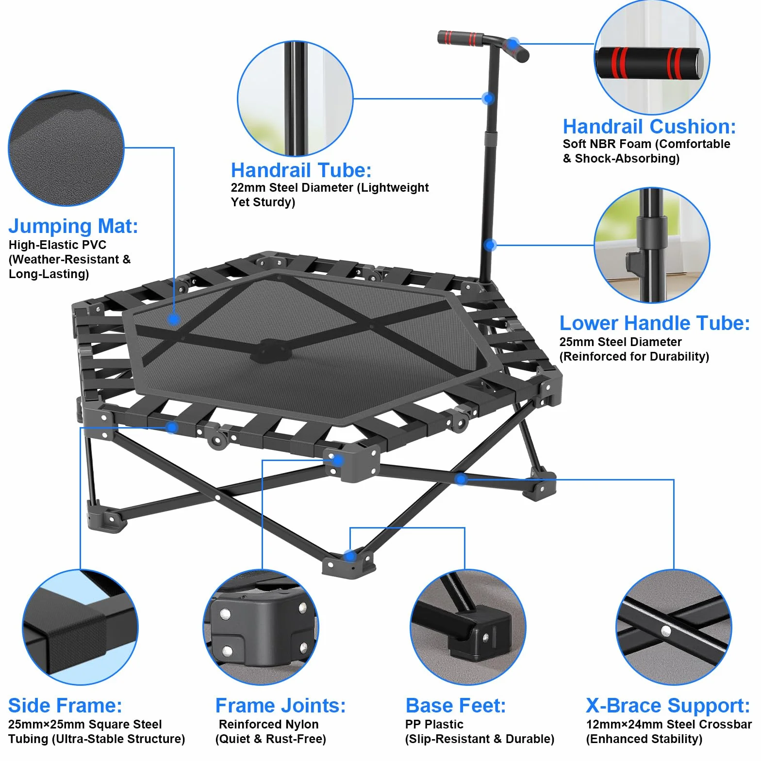 Trampolina fitness, składana mini trampolina, do użytku wewnątrz pomieszczeń, 106 cm, z 3-stopniową regulacją wysokości, bardzo stabilna rama X, nośność 275 kg