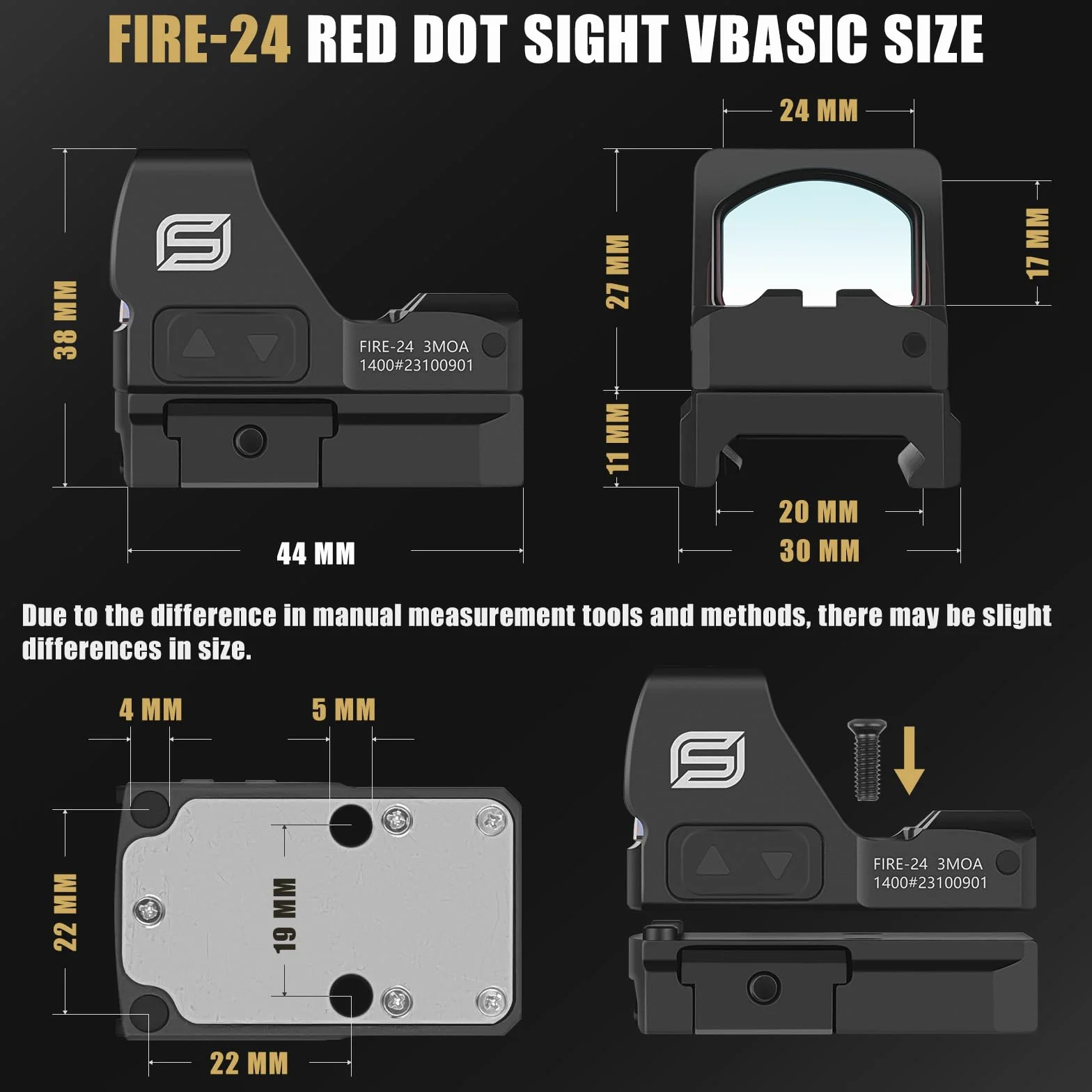 SPINA OPTICS FIRE-24 Celownik red dot Shake Awake Celownik kolimatorowy 3 MOA Refleksyjny celownik z RMR Footprint Red dot do pistoletu z mocowaniem Picatinny