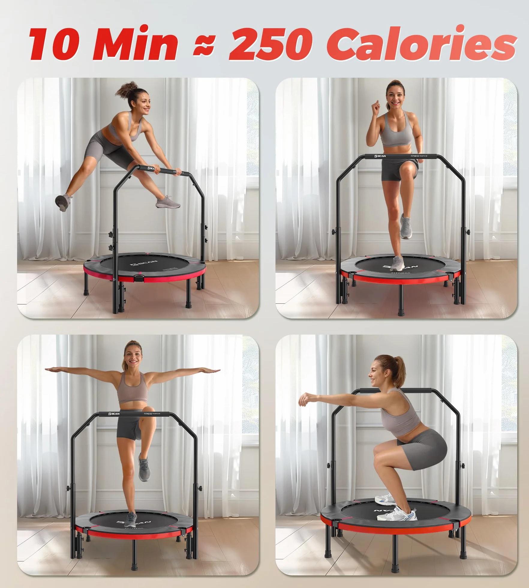 BCAN Trampolina do wnętrz, 102 cm Trampolina do skakania Fitness, składana, nośność 150 kg, wzmocniona sprężyna, regulowany uchwyt z wyściółką piankową, odpowiednia dla dorosłych i dzieci