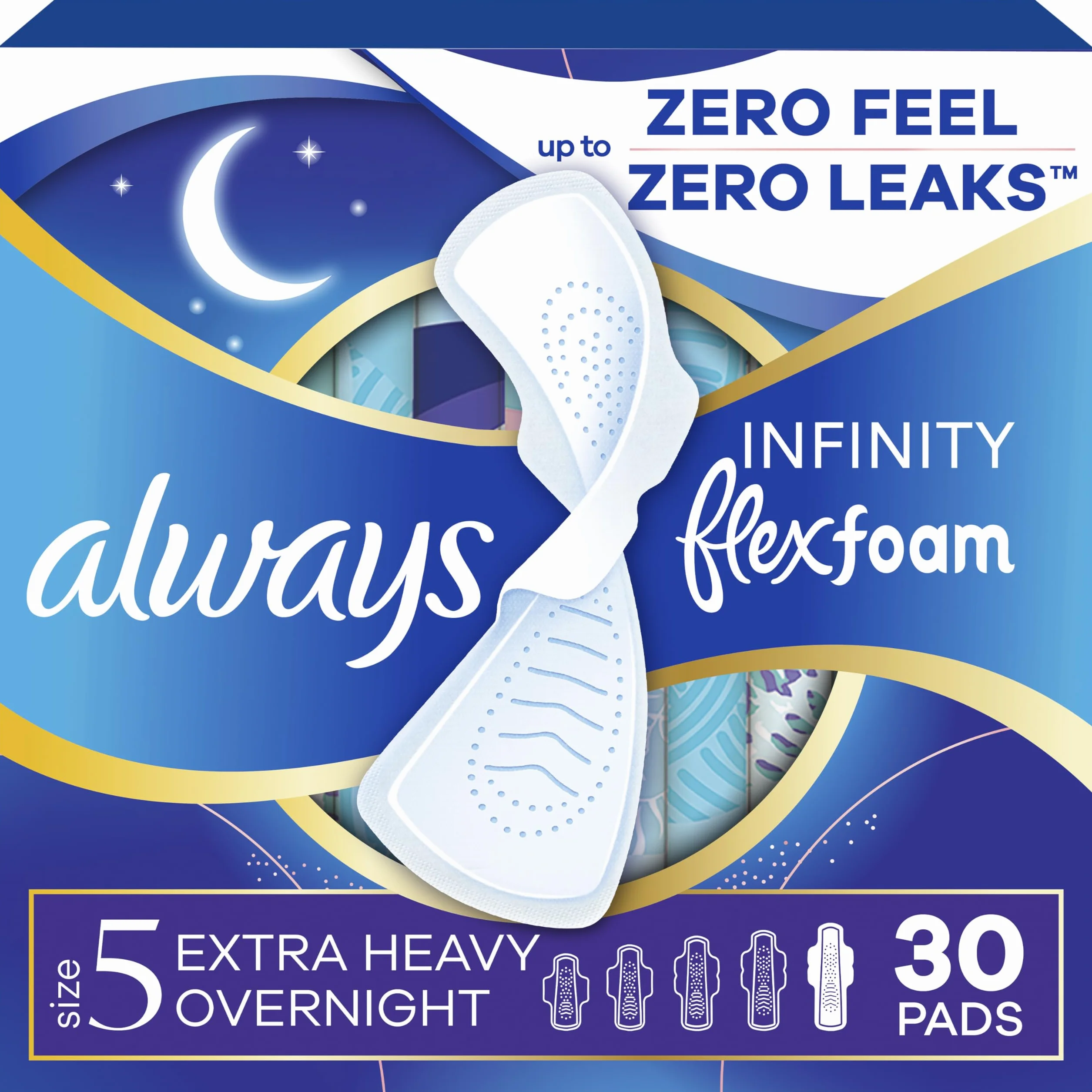 Always Infinity Kobiece wkładki dla kobiet, rozmiar 5 bardzo ciężkie na noc, ze skrzydłami, bezzapachowe, 30 sztuk