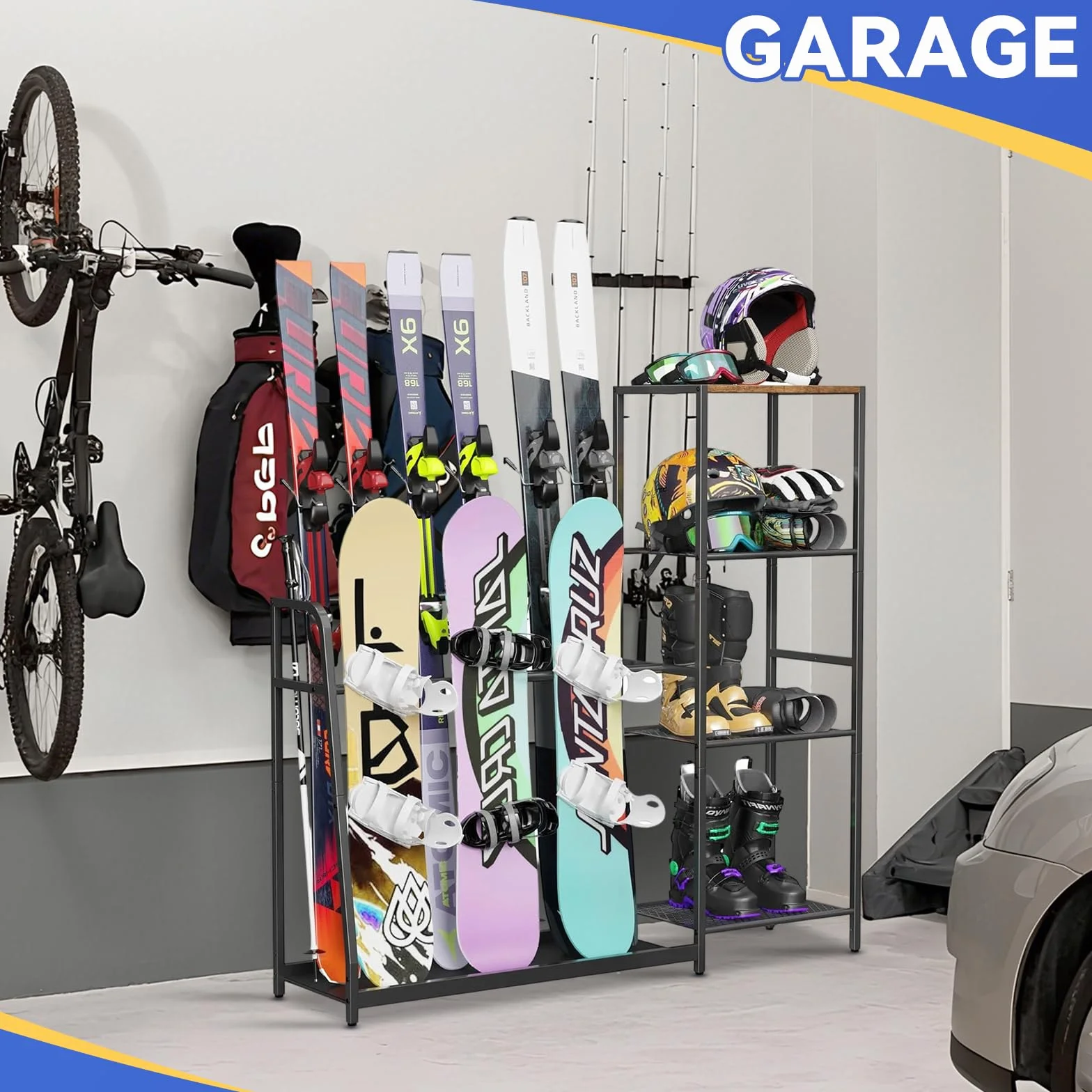 Regał do przechowywania nart, stojak na 4 pary nart, 3 deski snowboardowe, buty narciarskie, kijki narciarskie, gogle narciarskie i stojak na kask, stojak na deskę snowboardową do garażu i domu