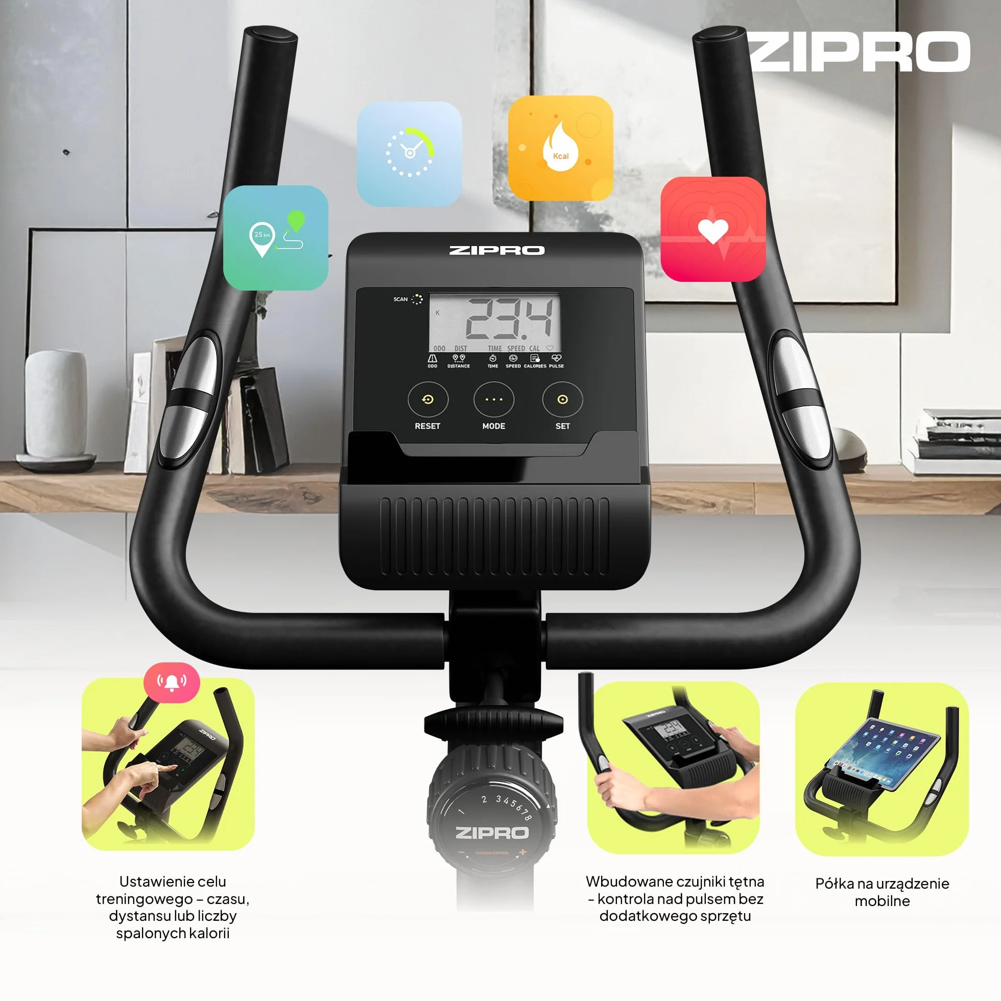 ZIPRO Rower Treningowy z 8 Stopniowym Oporem Magnetycznym, Pomiarem Pulsu, Wyświetlaczem LCD, Uchwytem na Telefon, Regulowanym Siodełkiem i Kierownicą, Rower Domowy do Treningu Cardio (Boost)