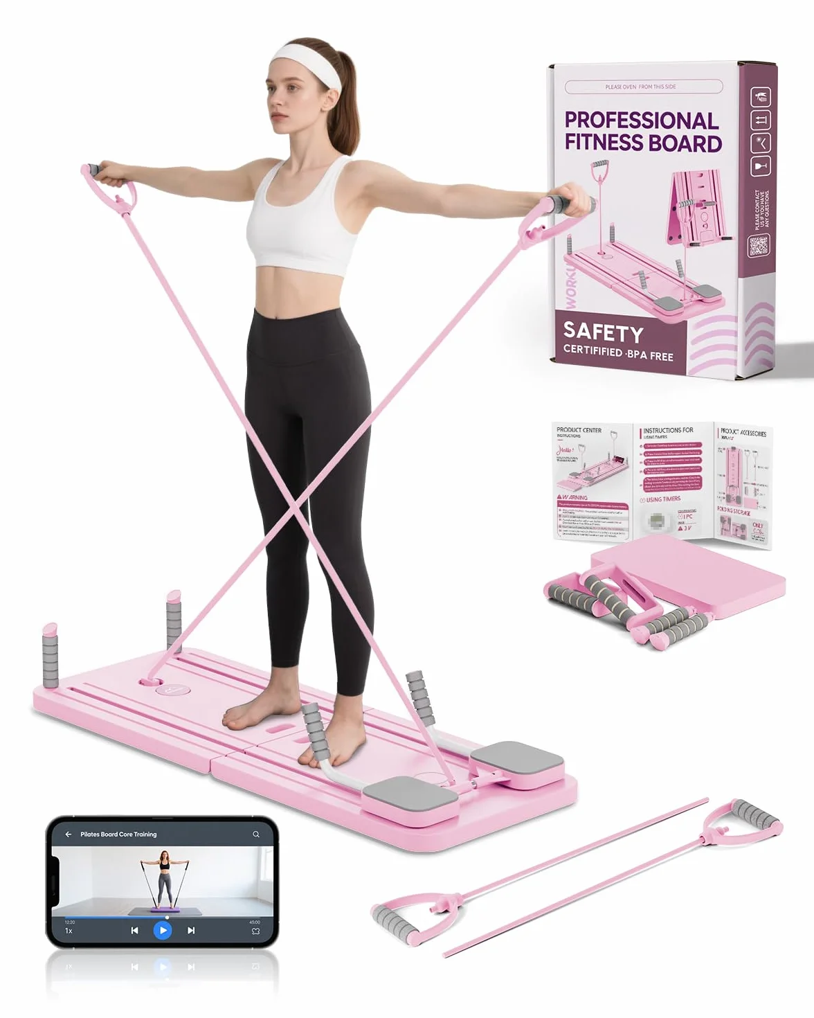 Pilates Board Reformer-Set 23 kg Rückprallkraft Faltbares Pilatesgerät Knieschutz Videoanleitung