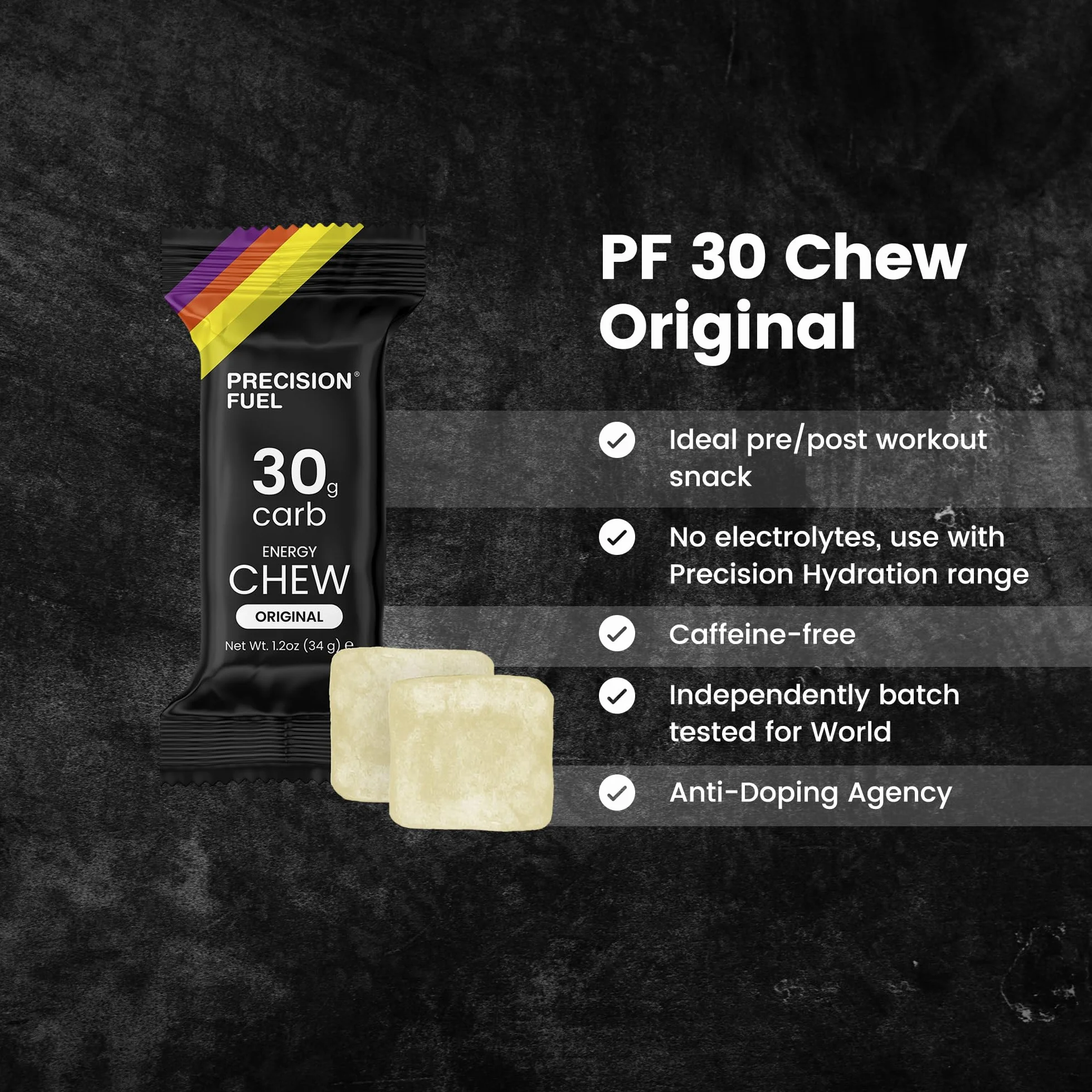 Precision Fuel PF 30 Energy Chews - Węglowodany energetyczne do sportów wytrzymałościowych, lekkie i przenośne, 30 g węglowodanów - Idealne na długie biegi - Smak oryginalny (15 x 34g Żelki)