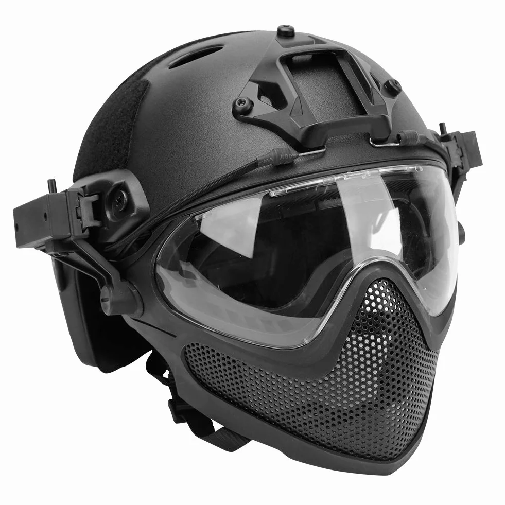 Taktyczny kask PJ Airsoft Fast F22, pełna ochrona twarzy z odpinaną maską i goglami, kask do jazdy na świeżym powietrzu.