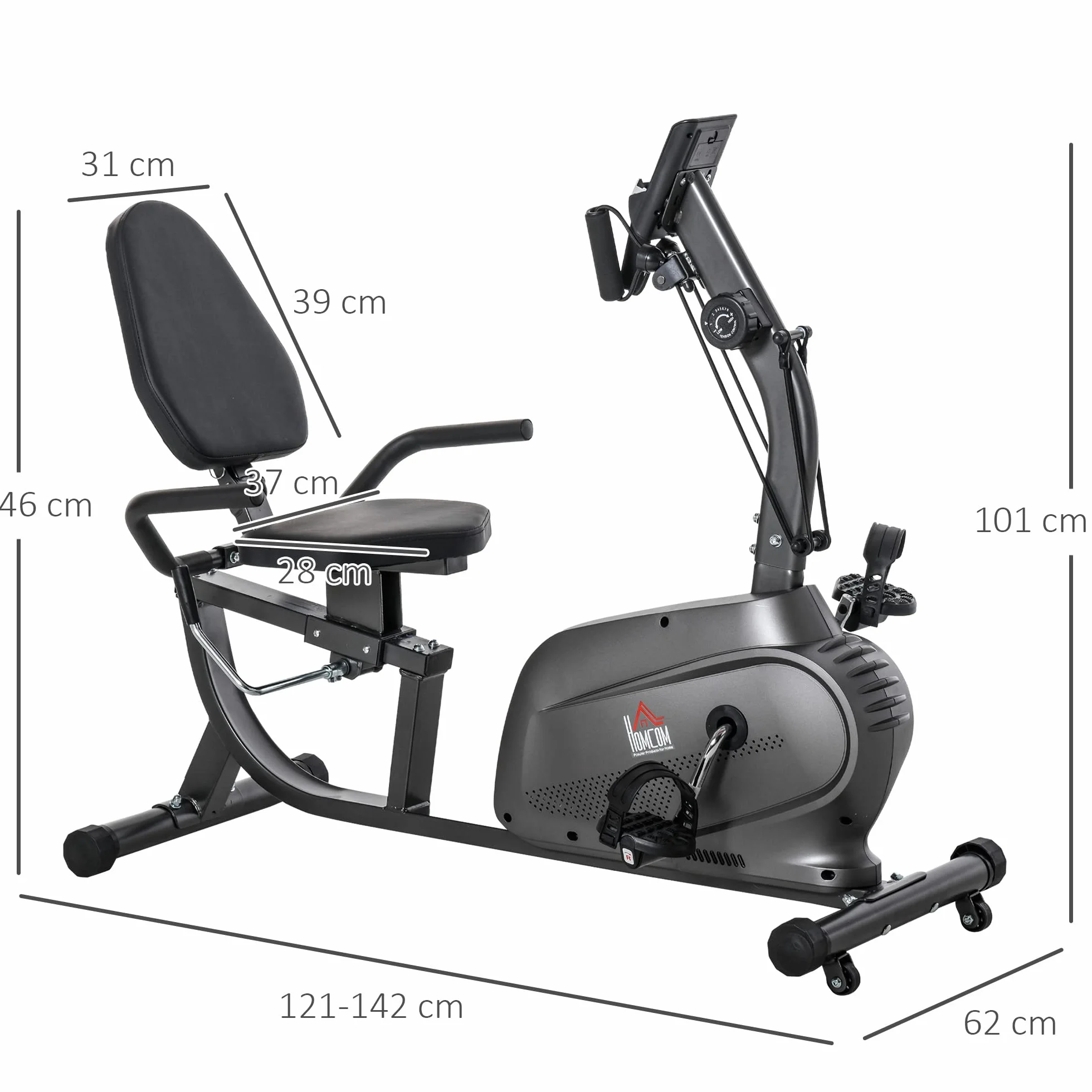 HOMCOM Rower treningowy magnetyczny półwydłużony wyświetlacz LCD regulowane siodełko stal czarna
