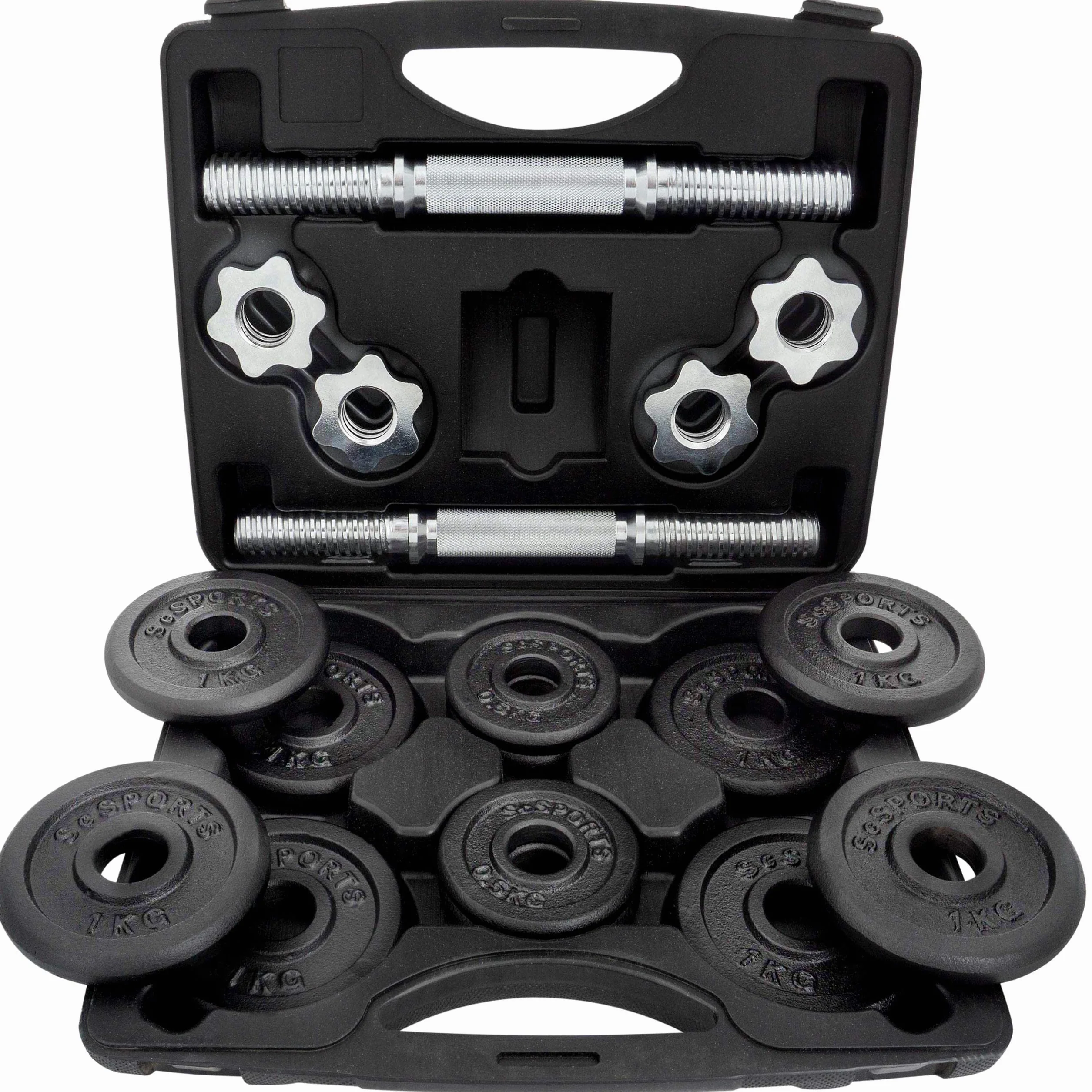 ScSPORTS® Zestaw krótkich hantli 10/15/20 kg, w zestawie talerze do sztangi, Ø 30/31 mm, żeliwo, zapięcia gwiazdowe, z walizką, z tworzywa sztucznego, czarny/srebrny – zestaw krótkich hantli, hantle