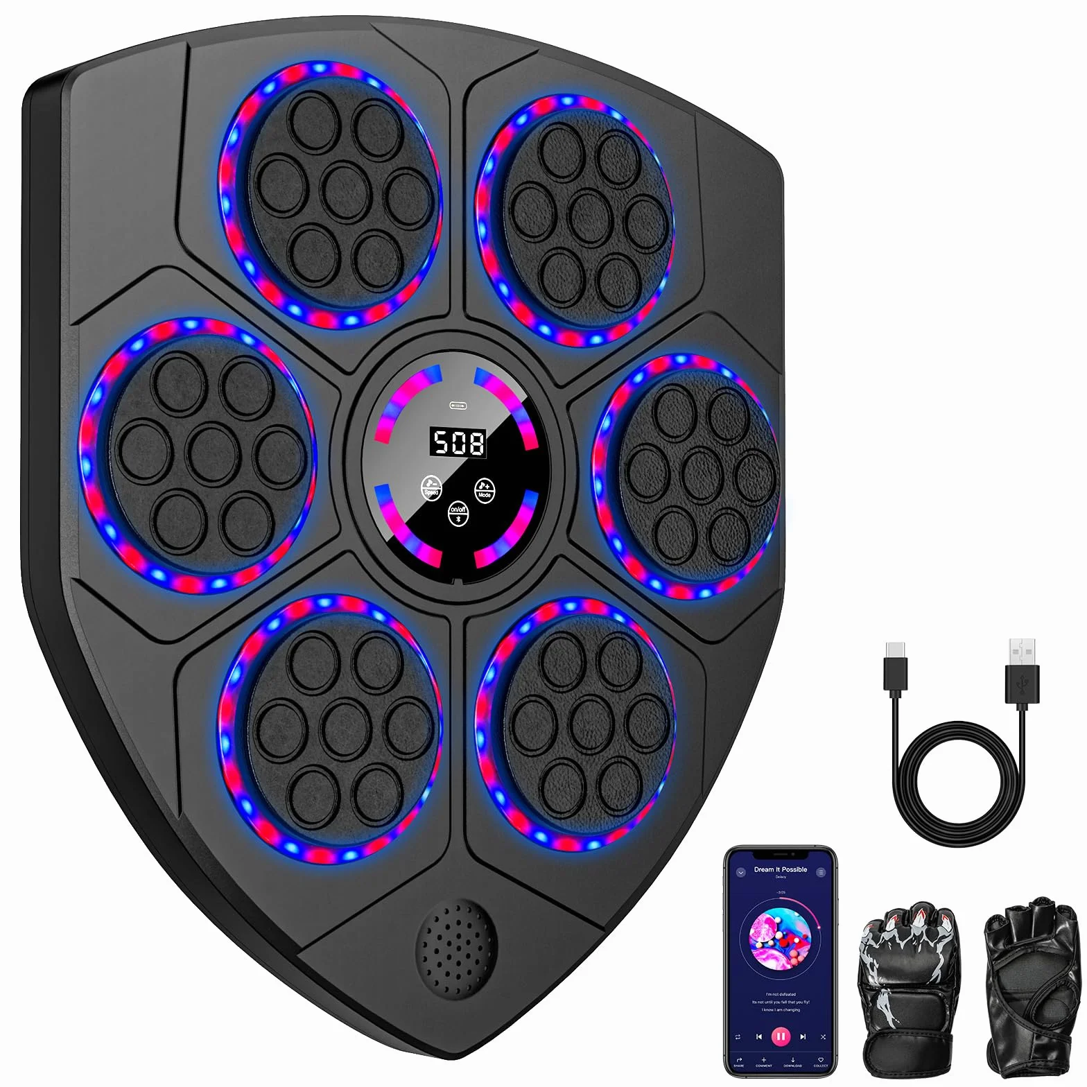 Inteligentna maszyna do boksu muzycznego na ścianę Bluetooth 9 trybów prędkości LED z rękawicami
