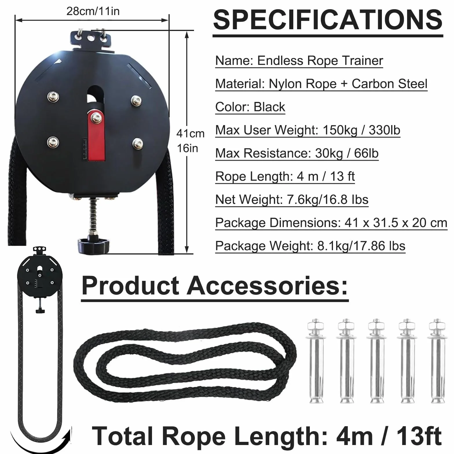 Maszyna z Liną Endless Rope do Domowej siłowni – Regulowany opór z Udźwigiem 150 kg, do Treningu Całego Ciała i ćwiczeń Koordynacji Ciała