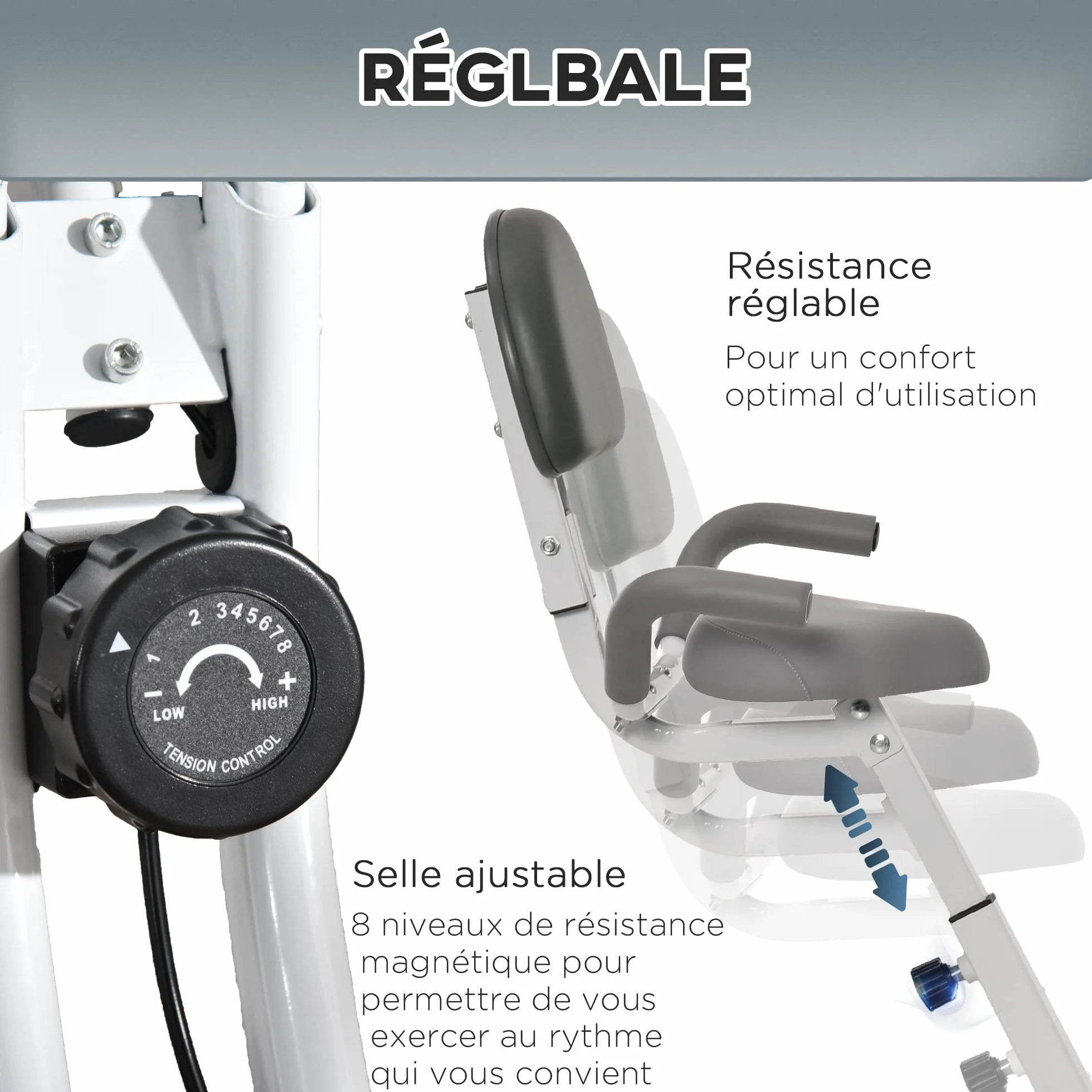 HOMCOM Magnetyczny rower treningowy składany rower fitness rower wewnętrzny duży komfort regulowane oparcie siodełka uchwyty na ekran LCD wielofunkcyjny uchwyt na tablet stalowy biały szary