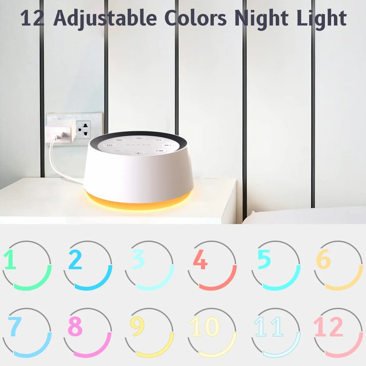 Maszyna dźwiękowa White Noise Machine z 30 kojącymi dźwiękami do spania, 12 kolorów, lampka nocna, wtyczka brązowa, maszyna do spania, funkcja pamięci, 36, poziom głośności 5, timer do domu